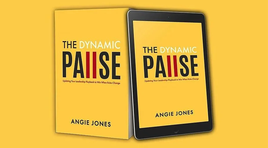 A book titled "The Dynamic Pause" by Angie Jones is displayed next to a tablet showing the same cover, with a yellow background.
