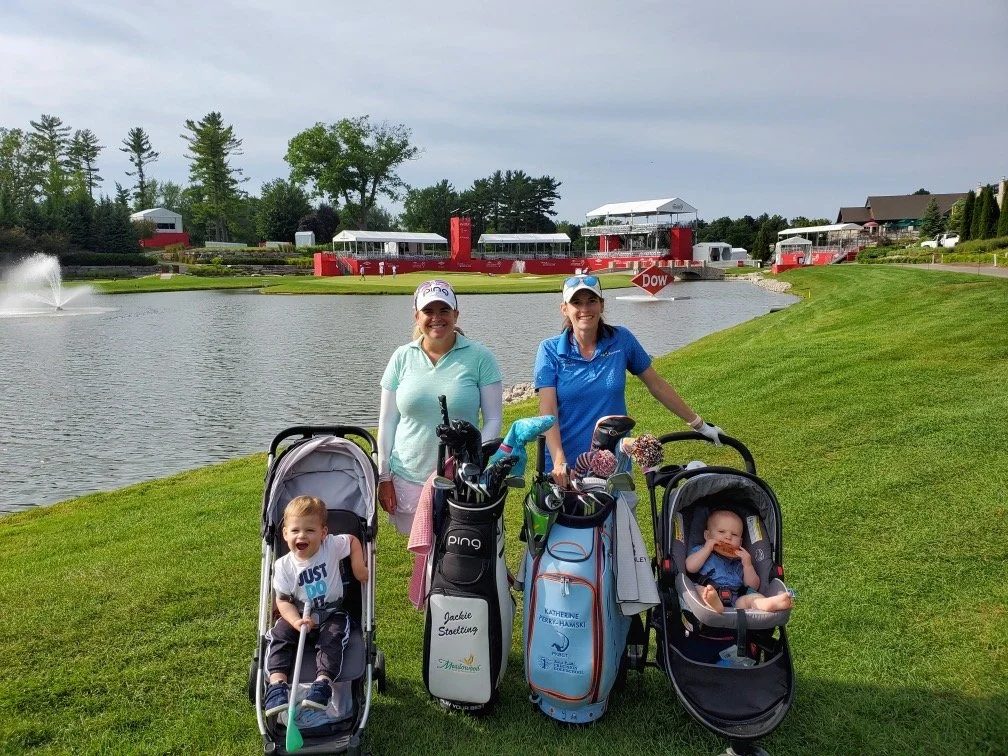 Jackie Stoelting with son Baren and Katherine Perry-Hamski with son John play an LPGA practice round together.