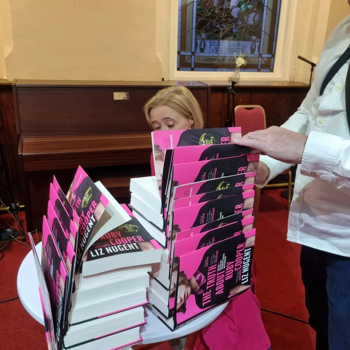 Liz signs stock for Lesley Price, owner of the amazing Bridge Books, Dromore 