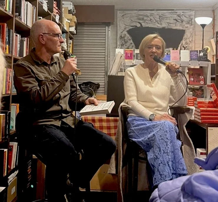 Liz talking to David Torrans owner of No Alibis bookshop at the Belfast launch of The Truth About Ruby Cooper