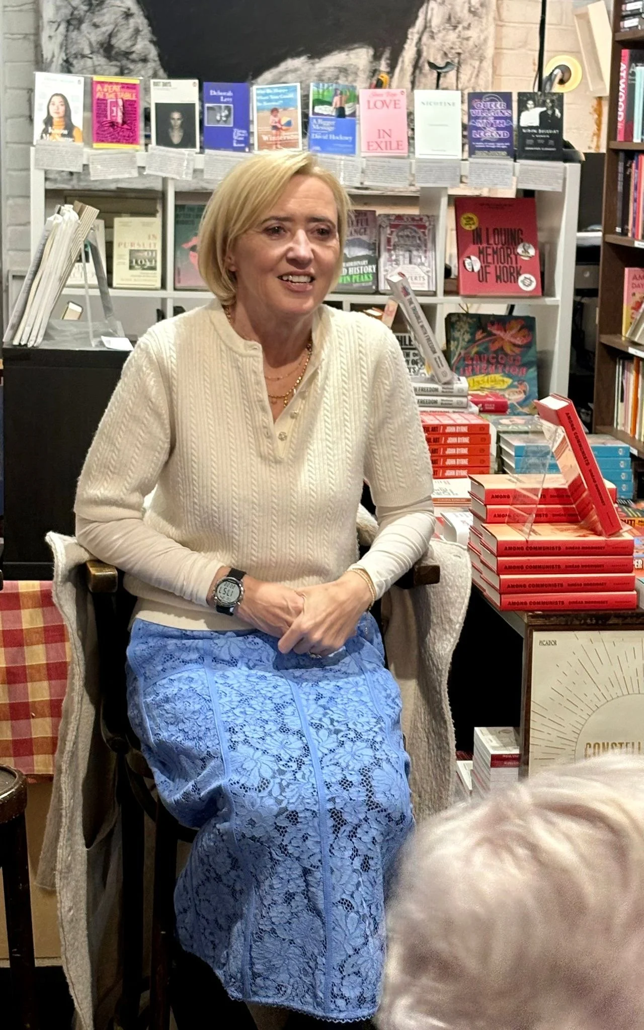Liz in No Alibis bookshop on Botanic Avenue at the Belfast launch in March