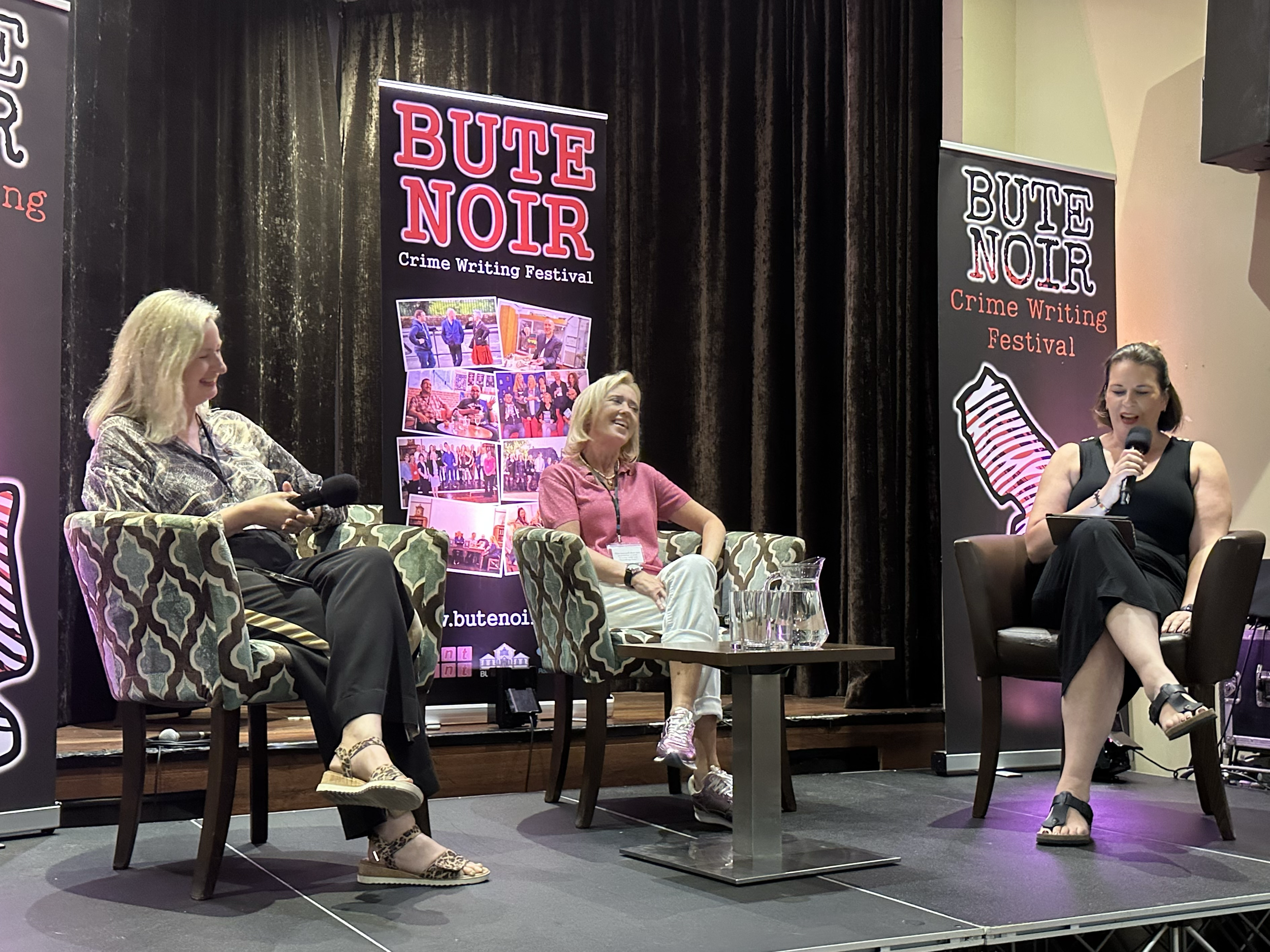 Liz on stage with Louise Candlish and Heather Fitt at Bute Noir