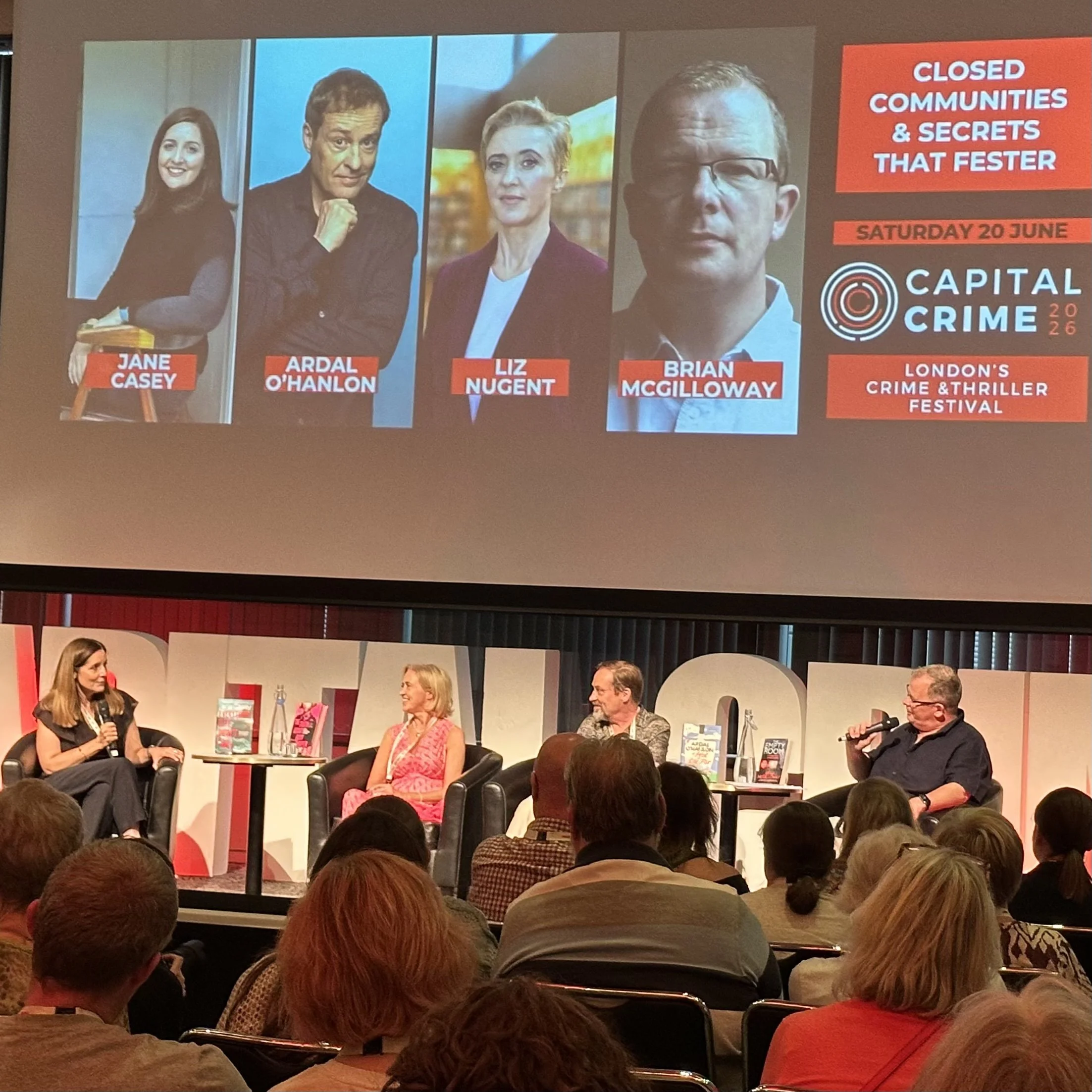 On stage with Jane Casey, Ardal O'Hanlon and Brian McGilloway at Capital Crime in London