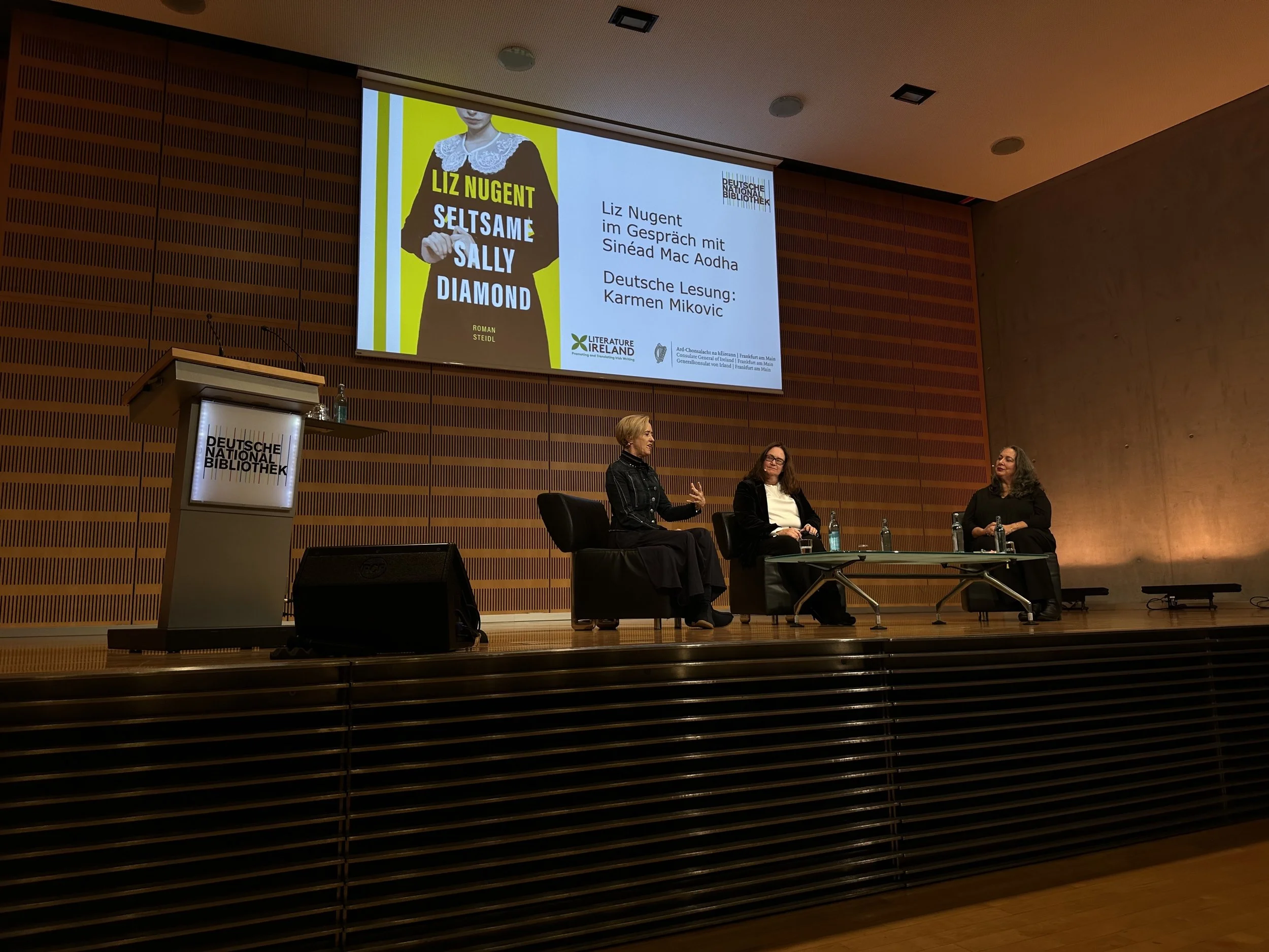 Liz on stage with Executive Director of Literature Ireland, Sinéad Mac Aodha in Frankfurt.