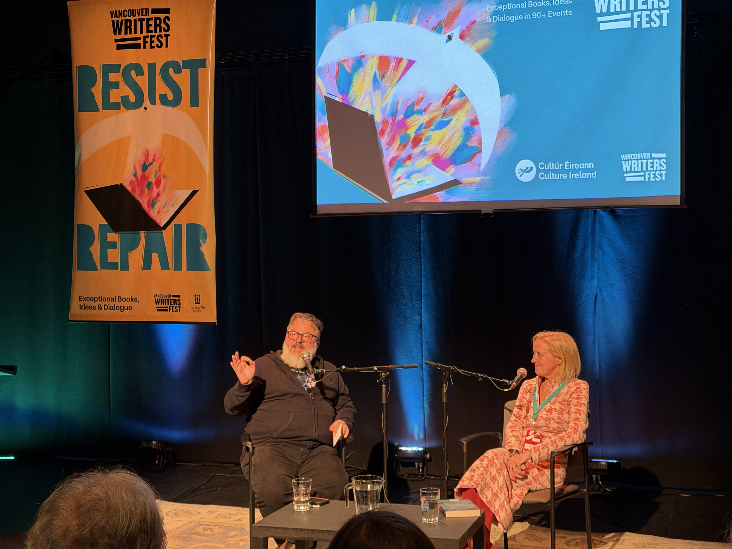 Liz on stage with Robert Wiersema at her solo event at the Vancouver Writers Fest