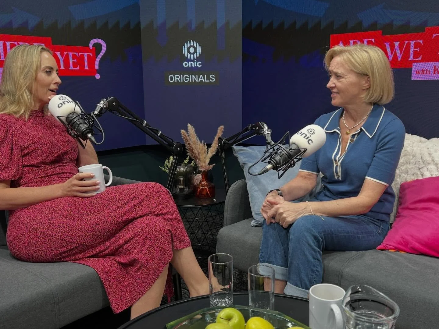 Liz recording with Kathryn Thomas for her podcast "Are we there yet?"