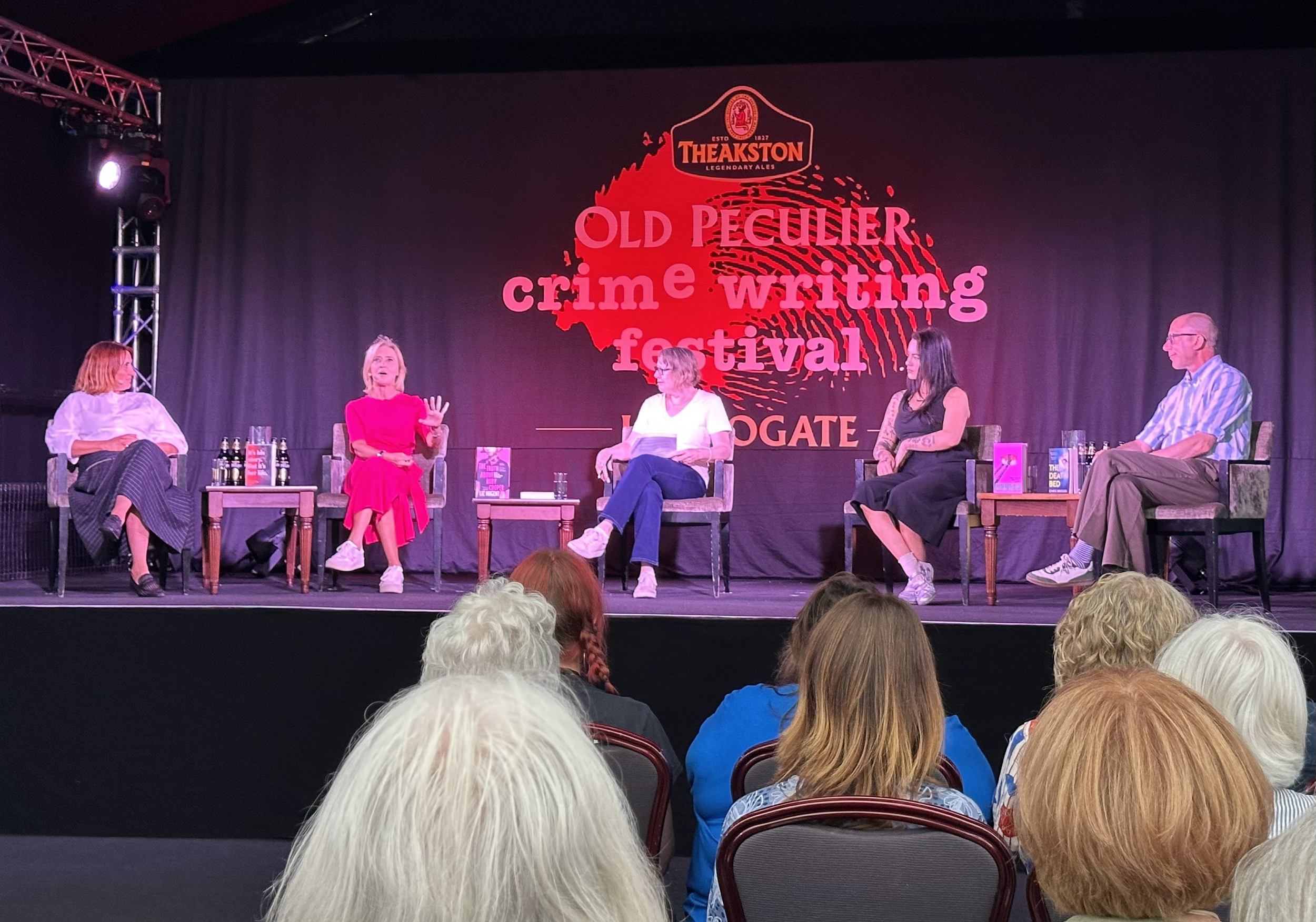 On stage at Harrogate with Araminta Hall, Shari Lapena, Callie Kazumi and Chris Bridges