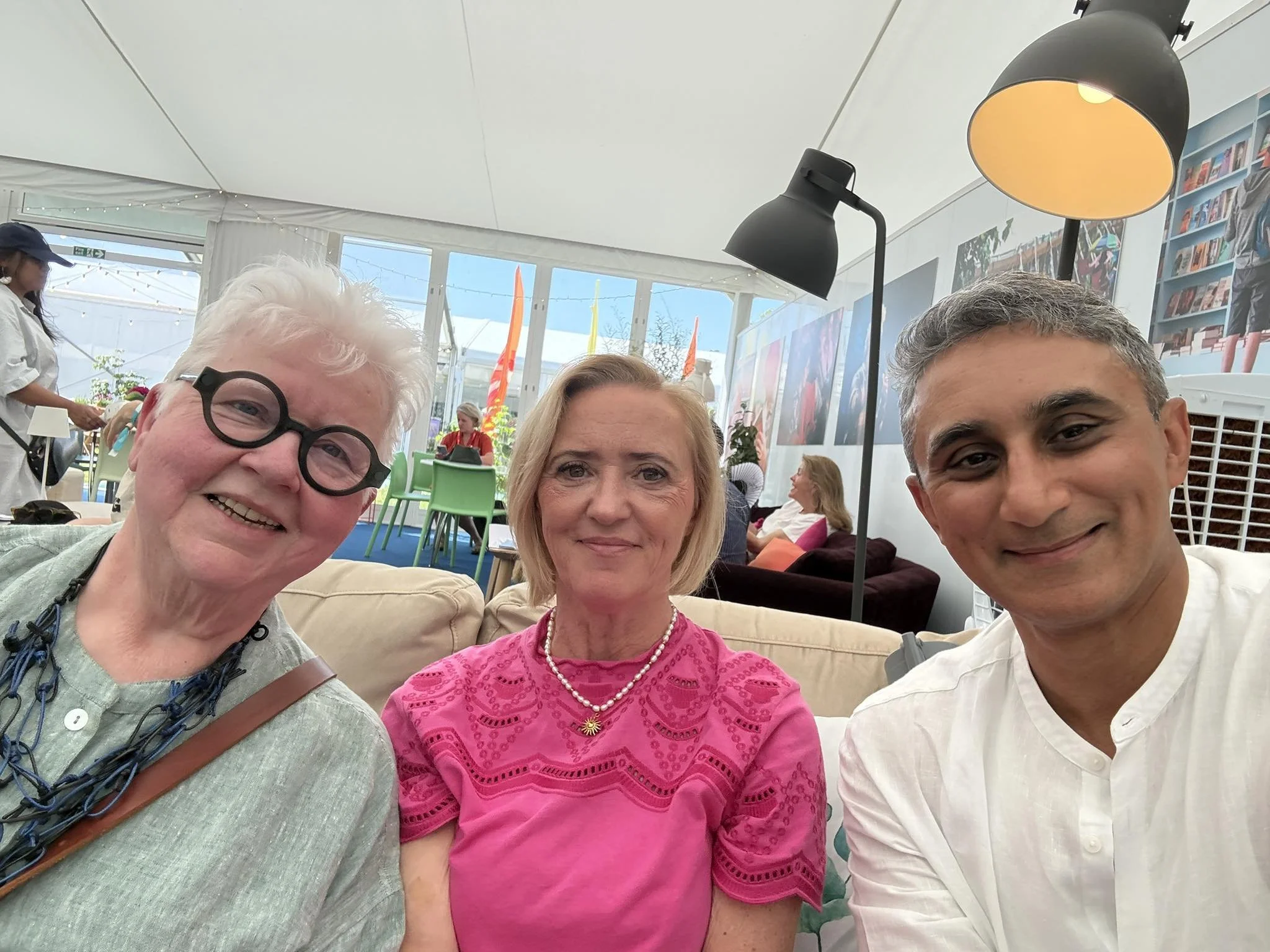 With fellow crime-writers Val McDermid and Vaseem Khan in the Green Room at Hay-On-Wye