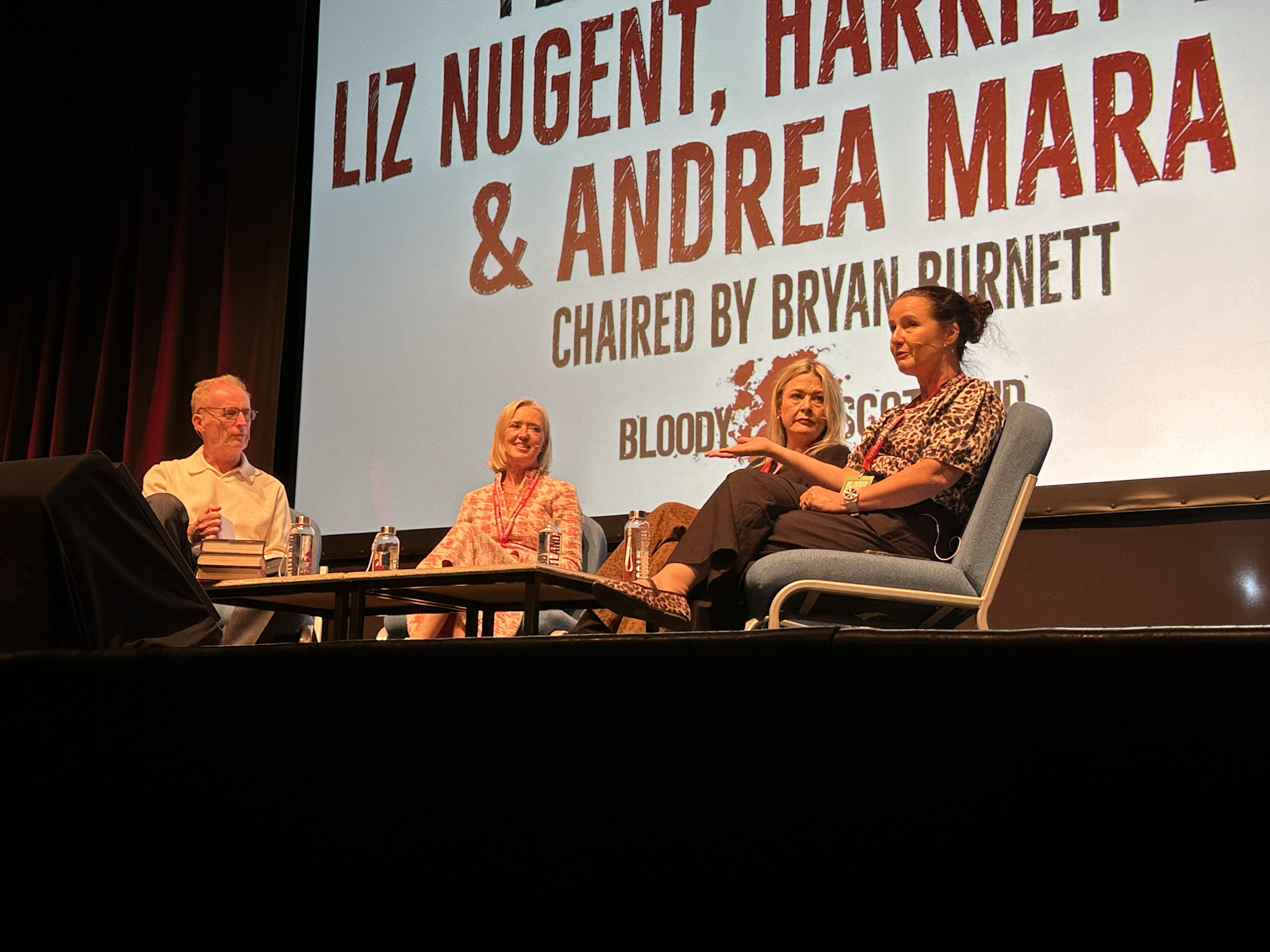 Liz on stage in Stirling with Andrea Mara and Harriet Tyce chaired by Bryan Burnett in September