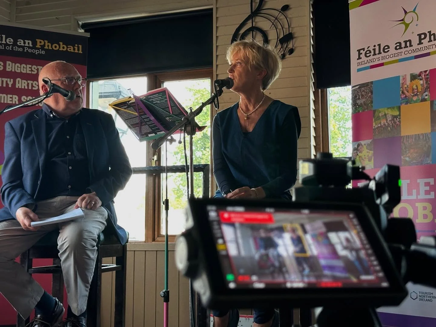 Liz on stage with festival chair Danny Morrison as part of 'Scribes at The Rock'