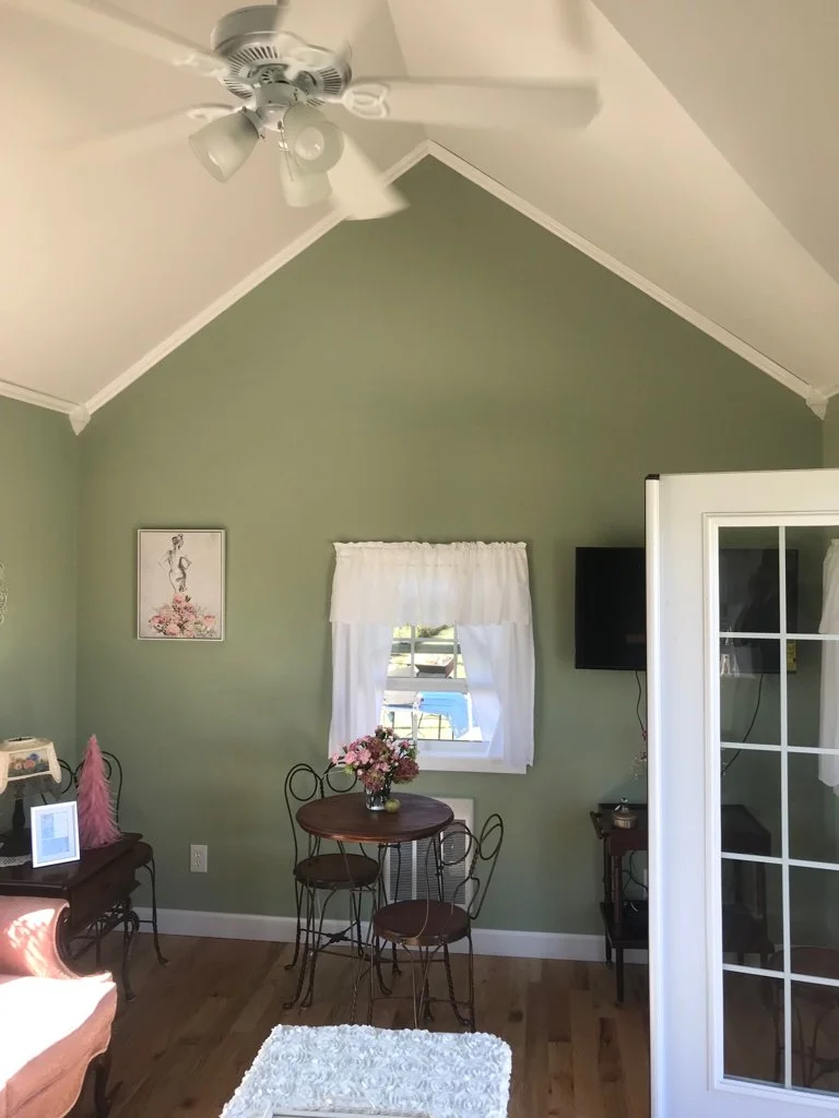 Green-walled room with sloped ceiling, ceiling fan, small window with white curtains, a round wooden table with pink flowers, three metal chairs, a wall-mounted TV, a French door with glass panes, and wooden flooring.