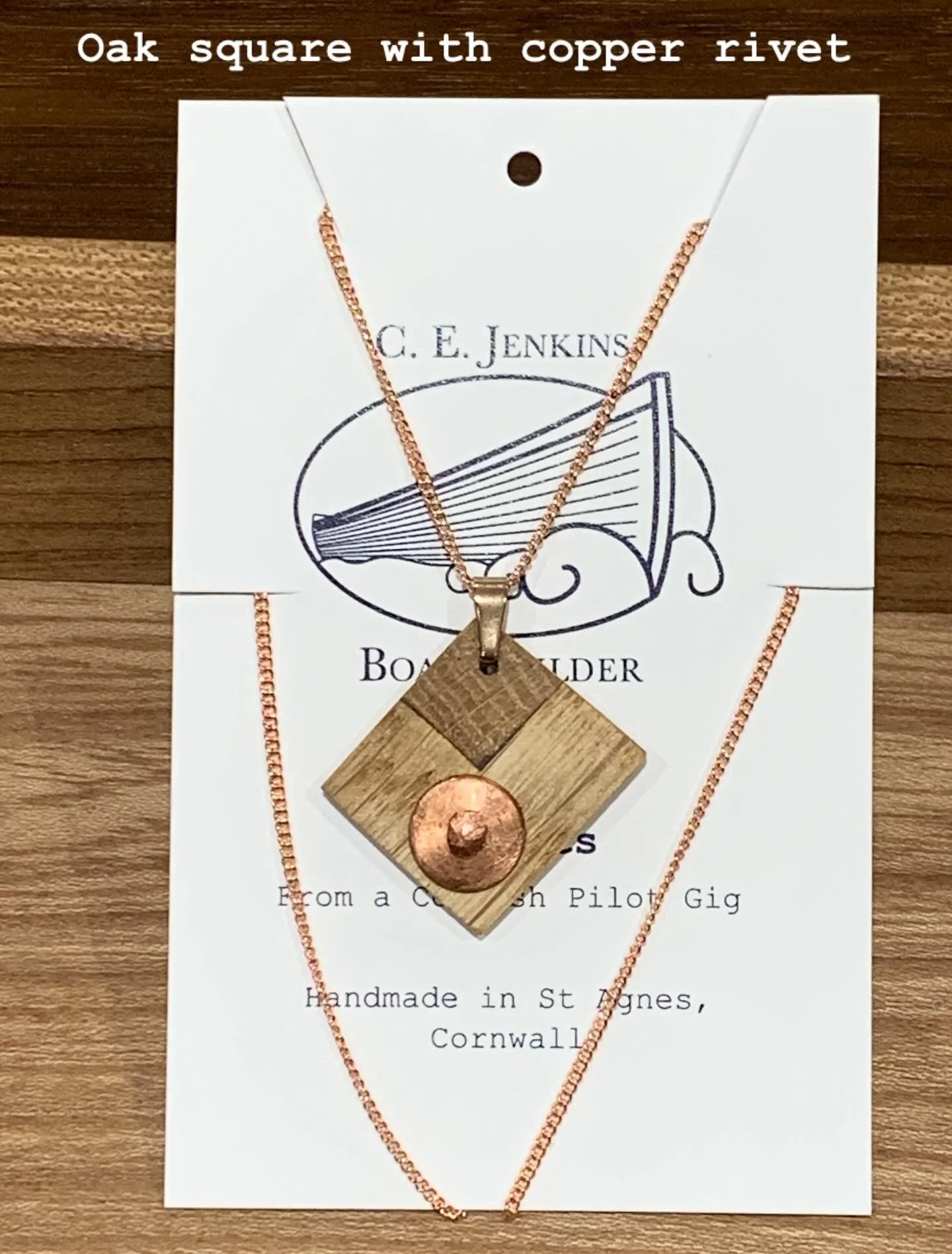 Square Oak Necklace with copper rivet