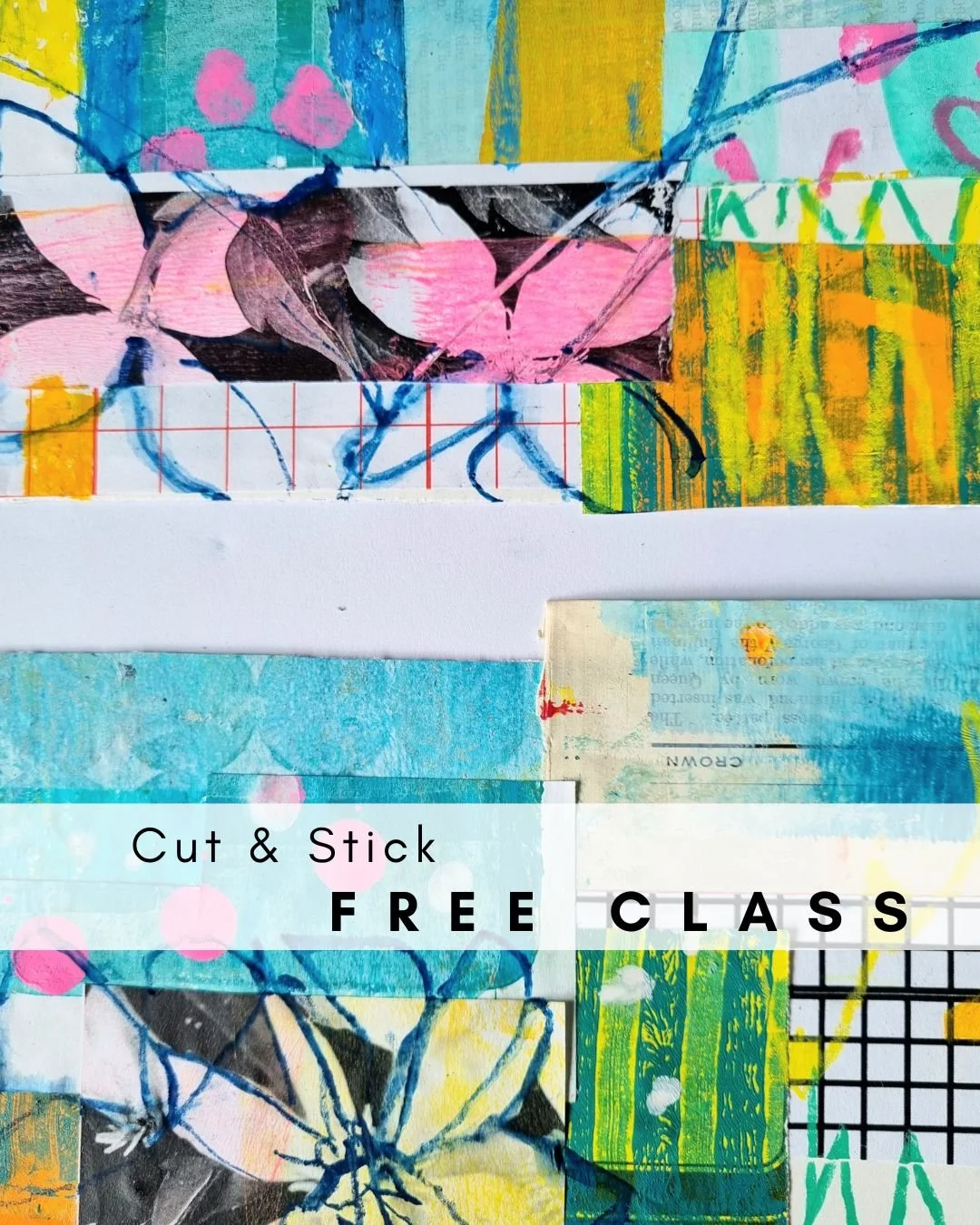 A free online art class suitable for beginners - the image show a close up of a colourful collage using papers and photos