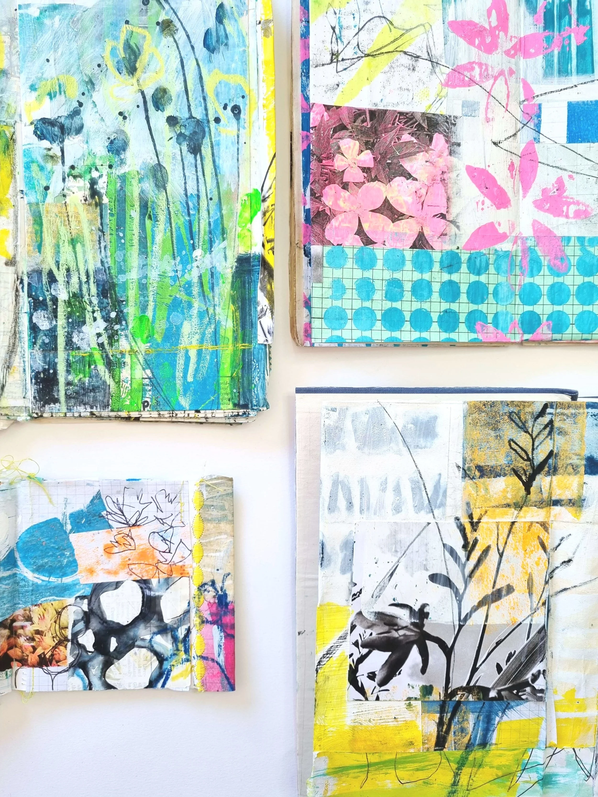 a collection of art journals showing mixed media collages using photos, handmade collage papers and mixed media techniques