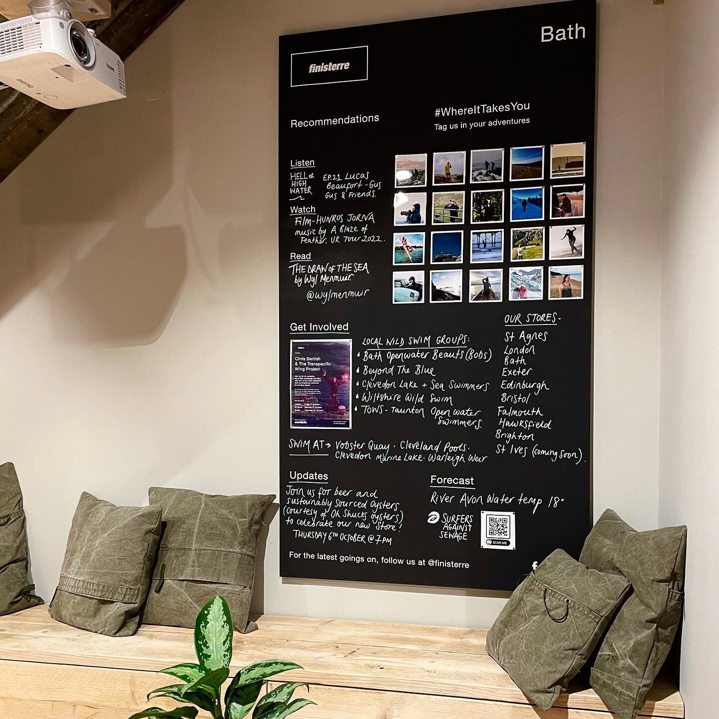 Enjoying a quick peek at the new @finisterre store opposite the Guildhall in Bath. Wonderful listen, watch, read recommendations as well as a list of great places to swim including the anticipated @clevelandpoolsbath 💦