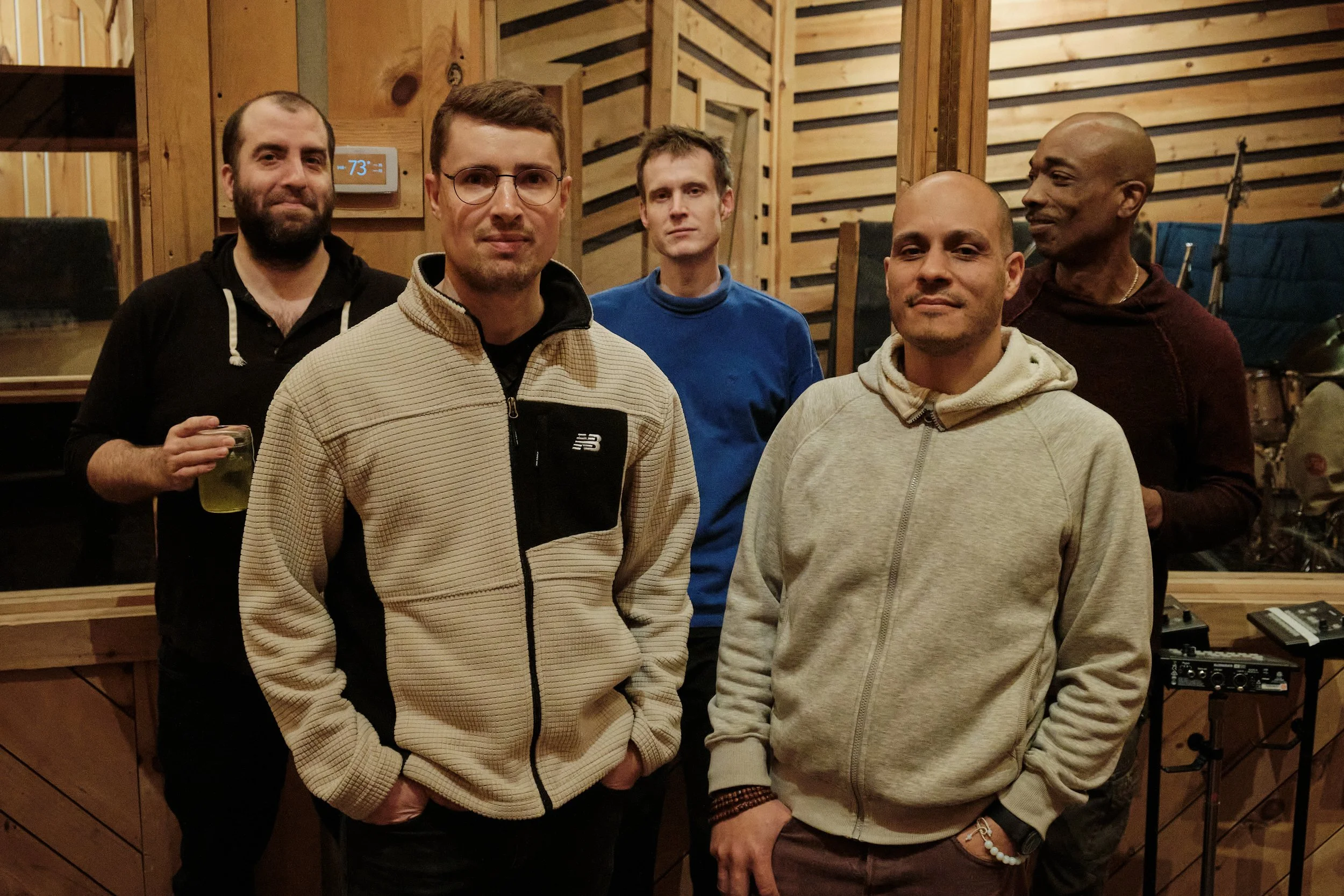 From left to right : bassist Chris Tordini, saxophonist Alain Metrailler, pianist Elias Stemeseder, harmonicist Gregoire Maret and drummer Eric McPherson in the Bunker recording studio in Brooklyn, NY.