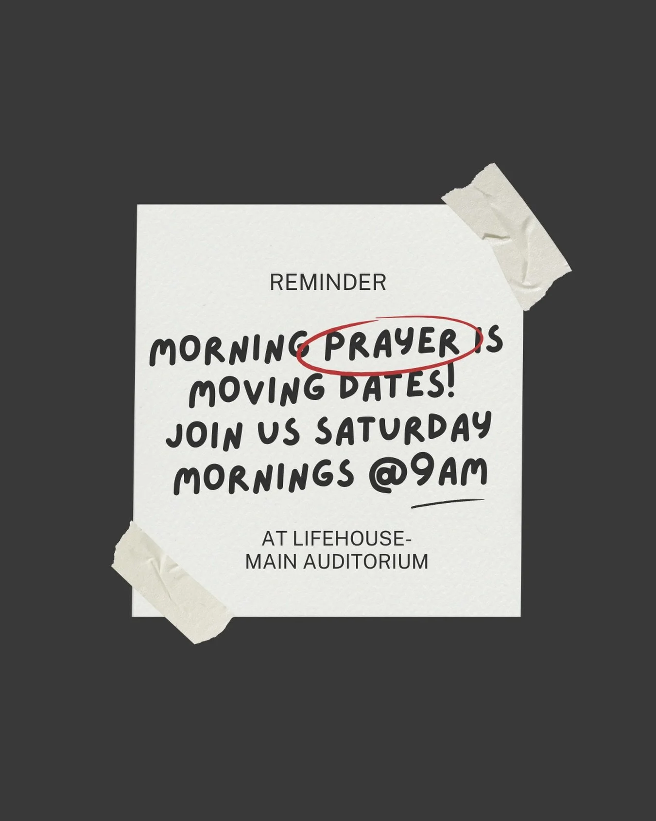 BIG NEWS! Our Tuesday morning 6AM prayer is changing to Saturday morning 9AM prayer! Starting tomorrow, bring the whole fam for a time of prayer together! See you there😆