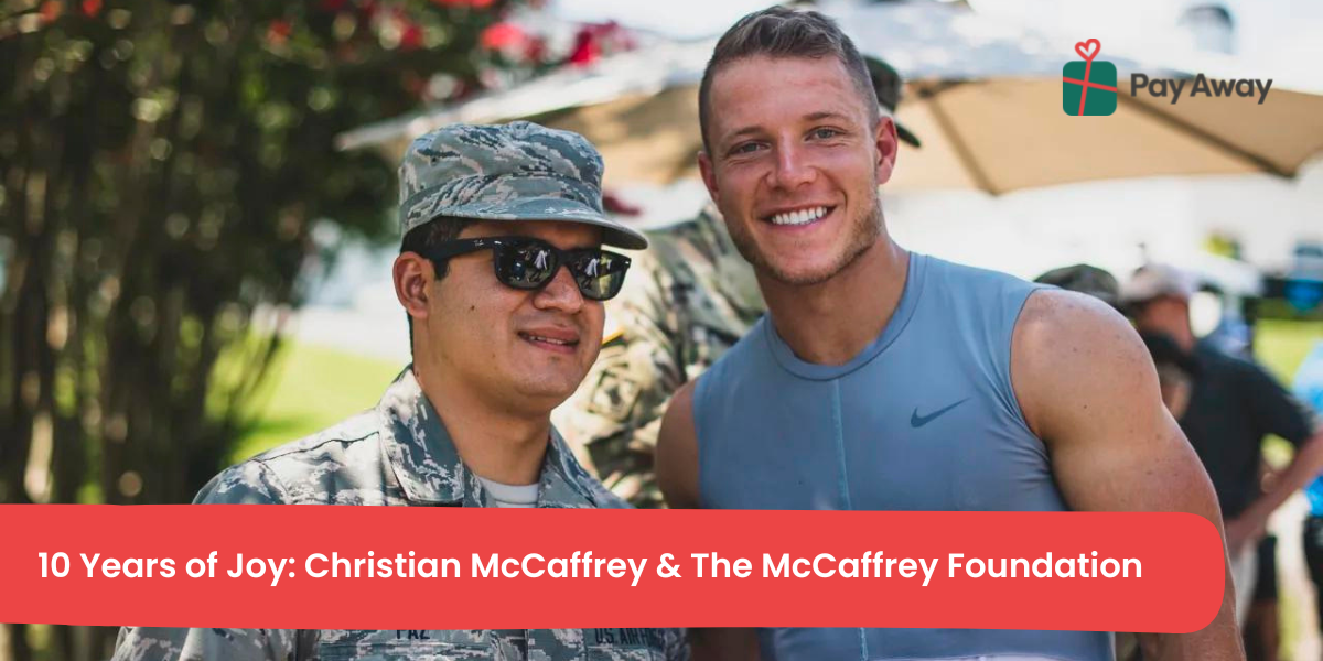 Christian McCaffrey (right) poses with an Air Force service member in celebration of the Christian McCaffrey Foundation: 22 and Troops project announcement.