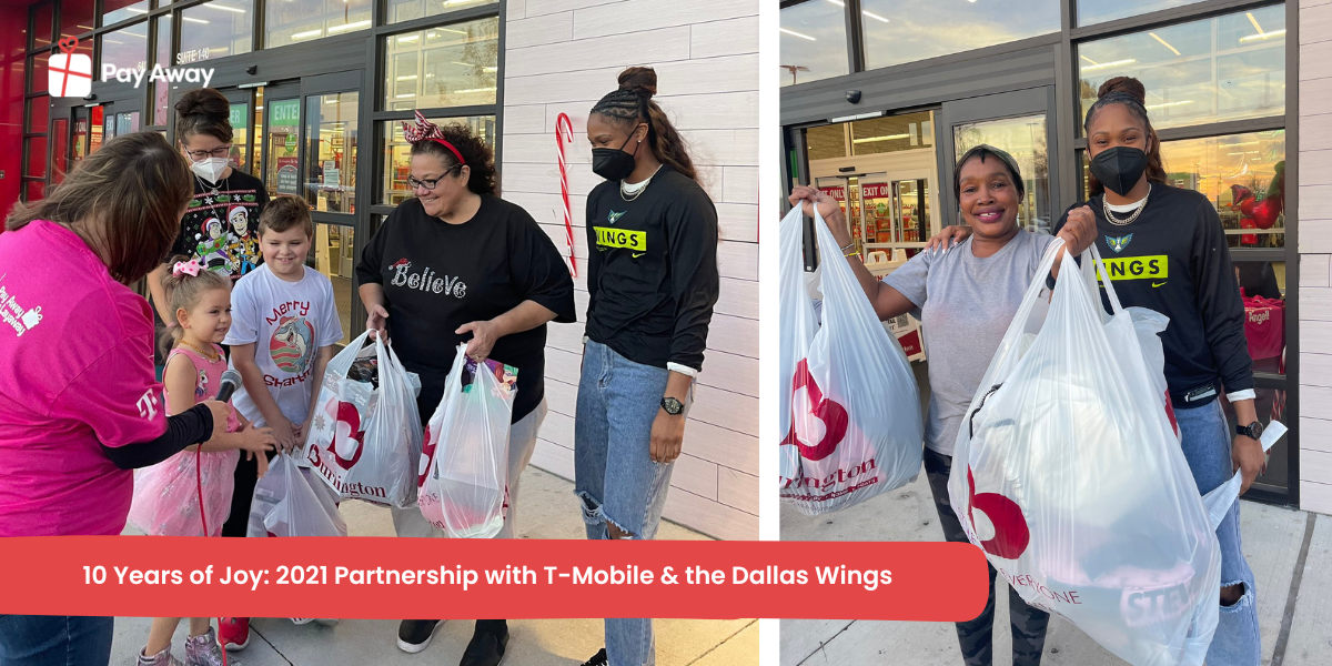 Moriah Jefferson, Dallas Wing's point guard and Layaway Angel celebrating the wonderful news with a joyous Pay Away the Layaway recipient.