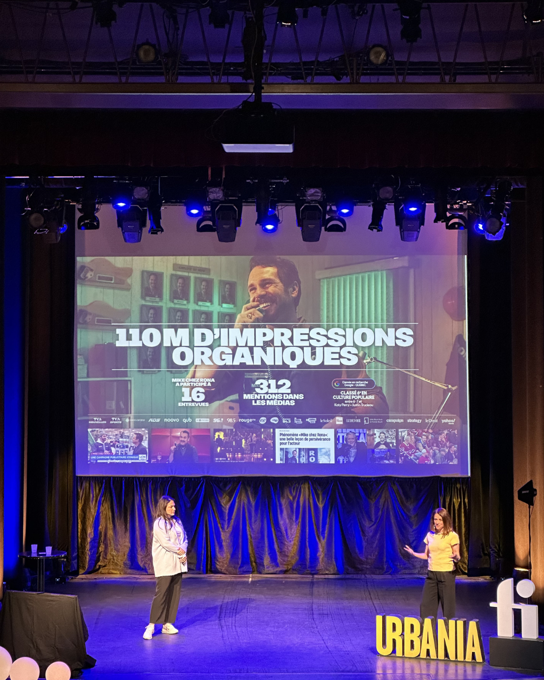 Présentation du cas marketing Mike chez RONA lors du Sommet Création de contenu 2026, mettant en lumière les 110 millions d’impressions organiques générées par la campagne.
