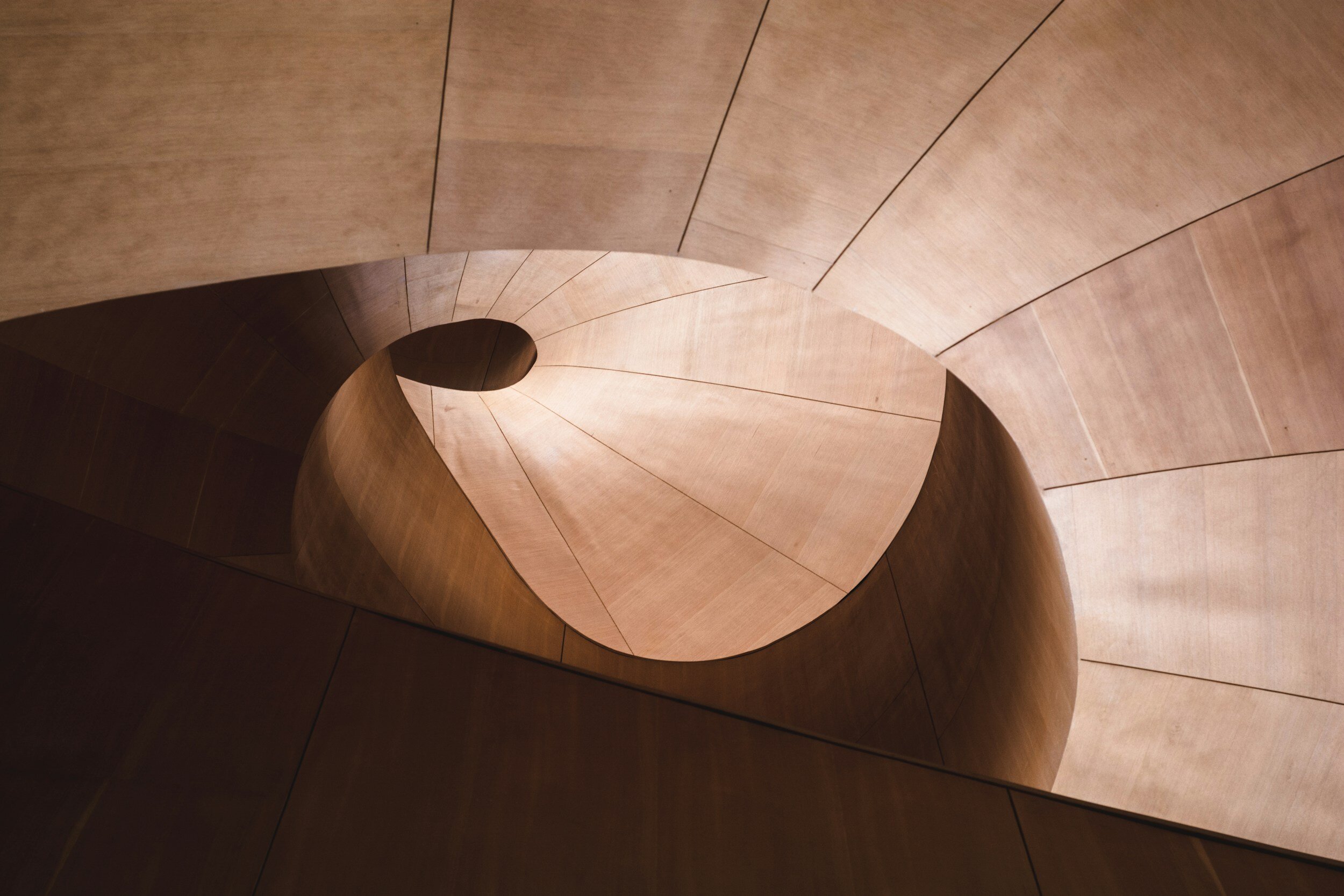 Looking down a spiral wooden staircase with warm lighting and a smooth curved design.