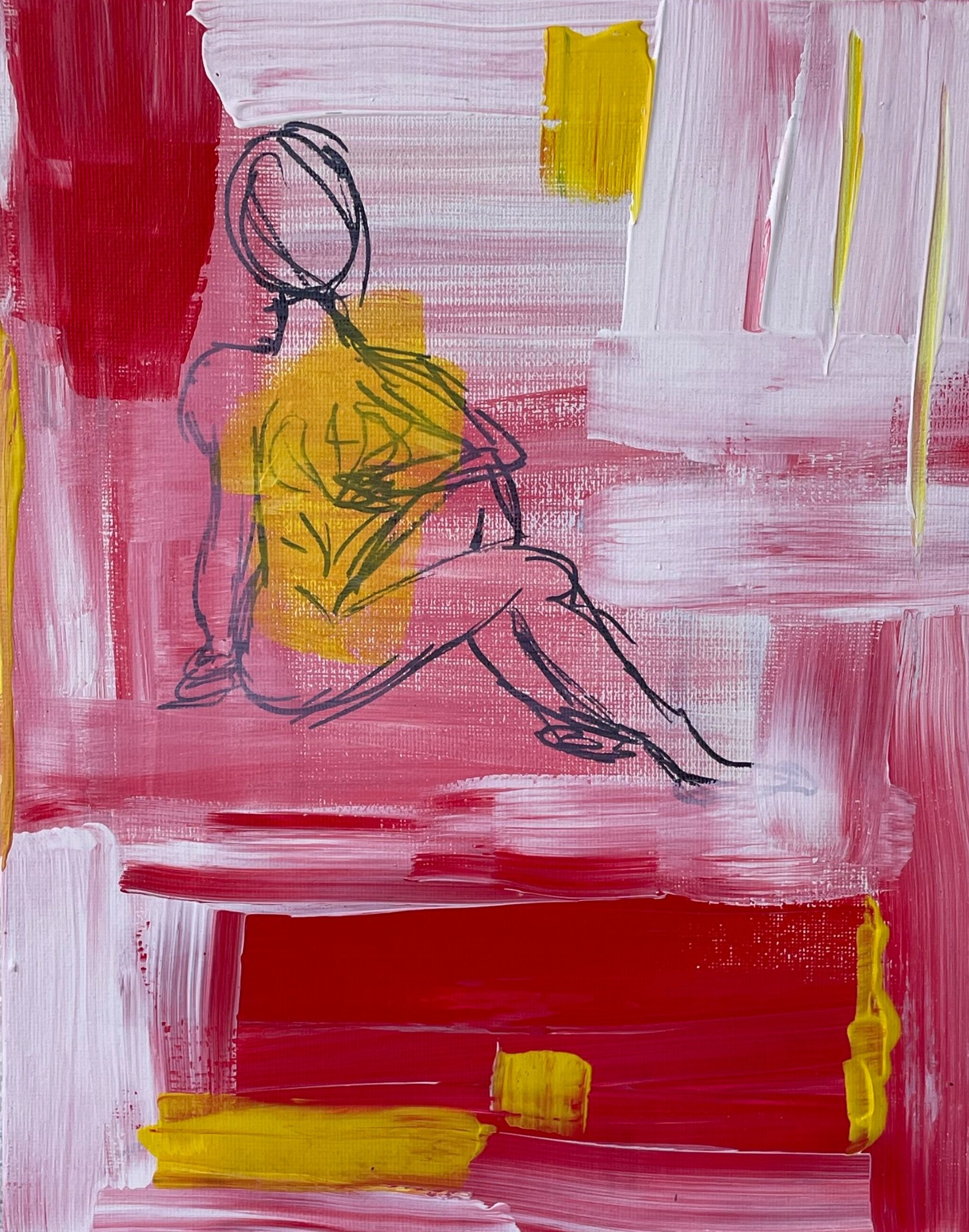 Abstract Woman in Yellow and Red, Acrylic on Canvas Board, 8 x 10 inches, March 2021, Available for Purchase $115