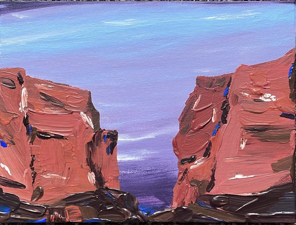 Abstracted Canyon at Dusk, Acrylic on Canvas Board, 6 x 8 inches, Winter 2023.