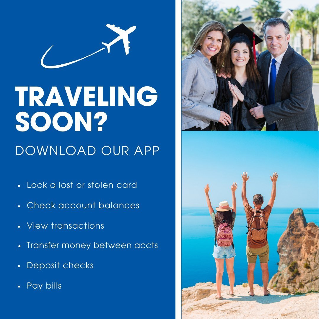 Traveling for a graduation? Or headed out of town for a summer vacation? Download our Mobile Banking app. 👉🏻📱Access your accounts from anywhere in the world with just a few taps: 

🔹  Lock and report a lost/stolen card
🔹  View balances and trans