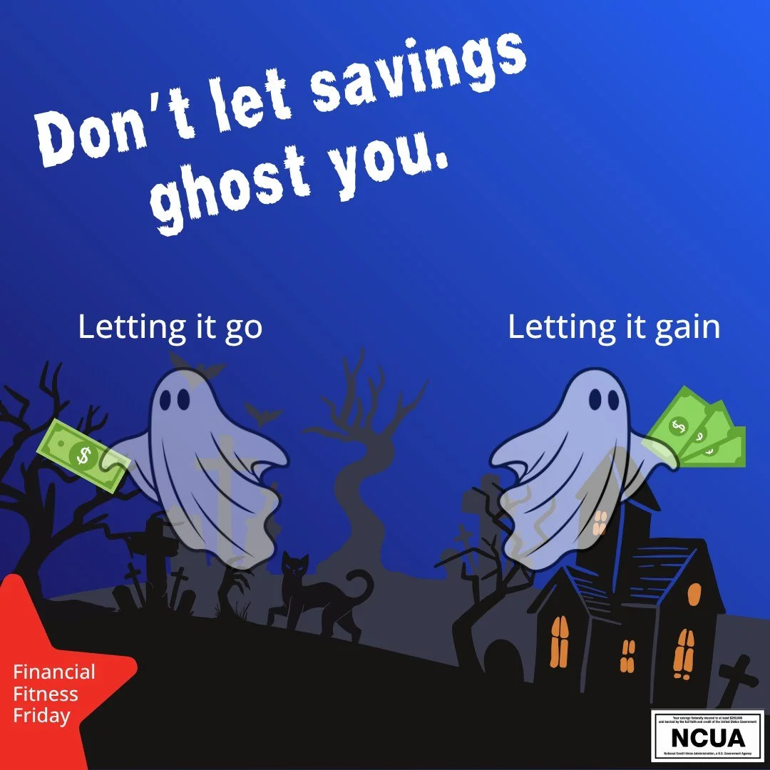 Don’t get haunted by “what ifs.” 👻
Set aside a little now and let compound interest do the boo-st. $25/week today = serious treat later.
#FinancialFitnessFriday #CreditUnion #CompoundInterest