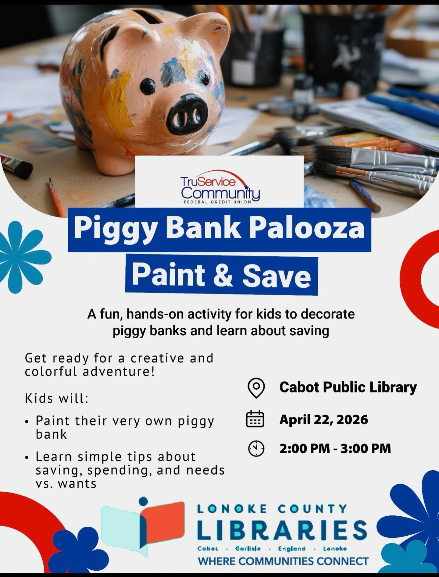 Get Crafty Kids! 📍 

Cabot Public Library 📅 
April 22, 2026 ⏰ 
2:00 PM &ndash; 3:00 PM. 

Join us for a fun afternoon at the library where kids decorate piggy banks and learn about saving. 

#CabotPublicLibrary #KidsActivities #PiggyBankFun