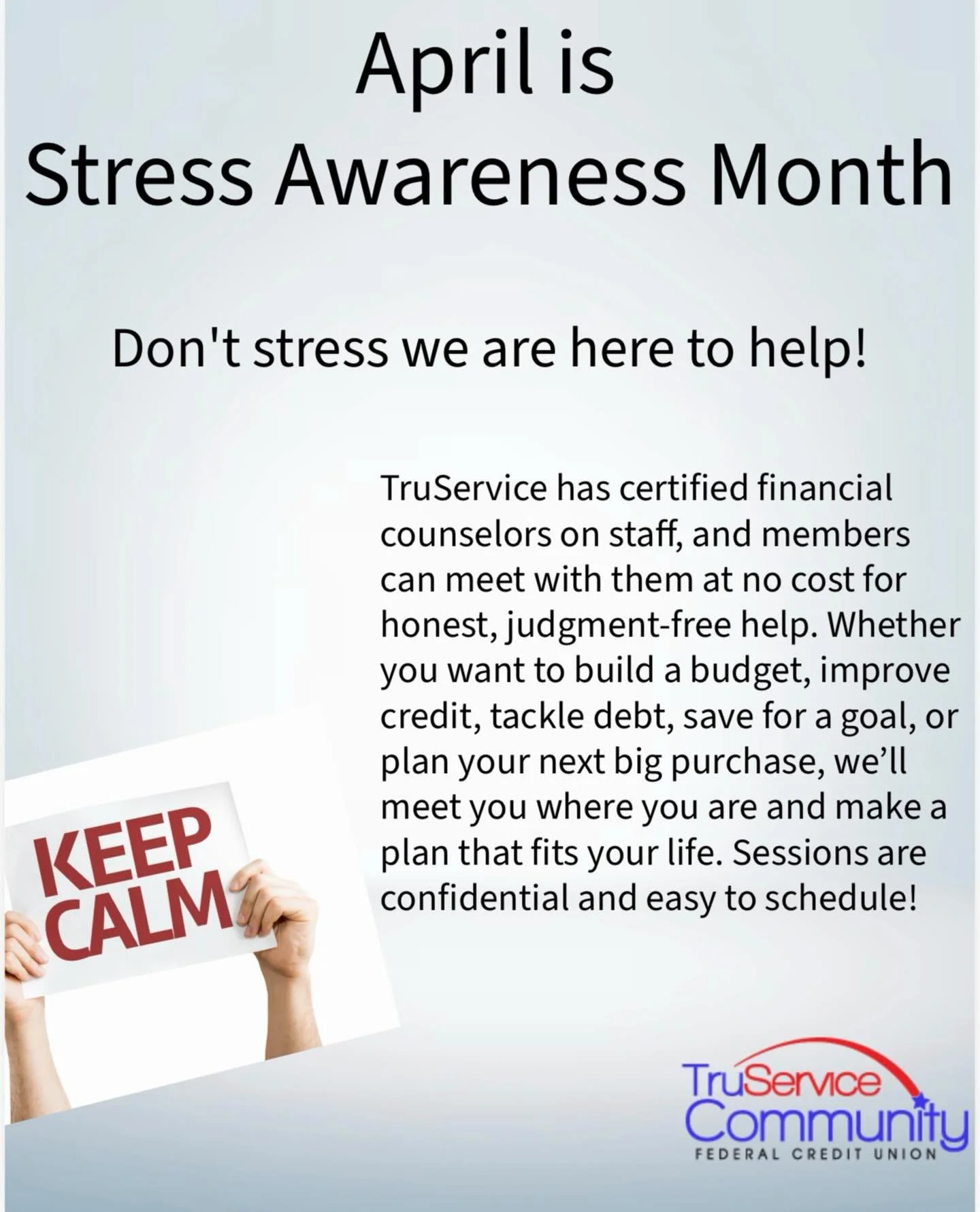 April is Stress Awareness Month 🌼
 At TruService Community Federal Credit Union, we don&rsquo;t want you stressing about your finances. 💙
 Stop by today and chat with one of our financial counselors&mdash;we&rsquo;re here to help you feel confident