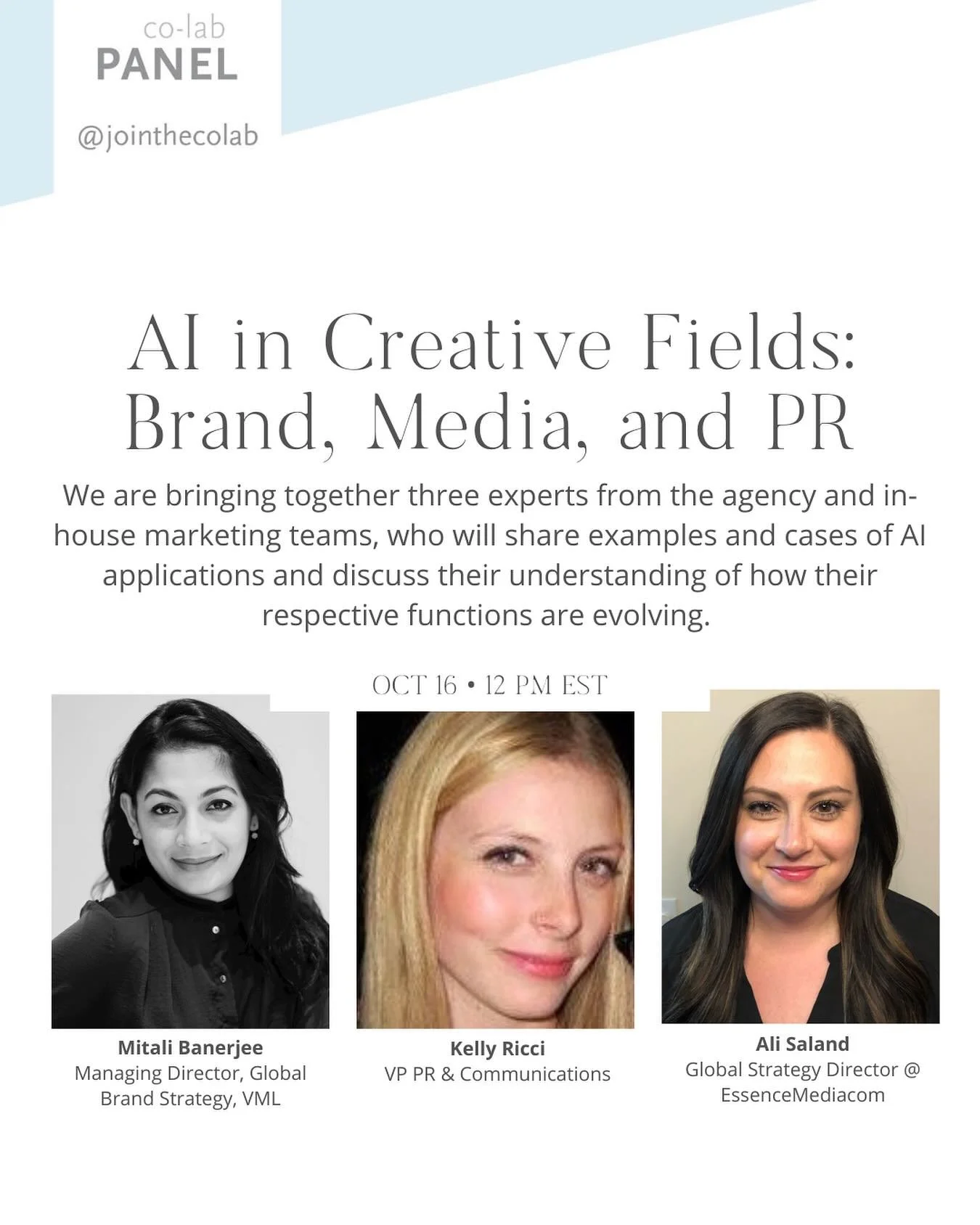 Join us Thursday in the @jointhecolab virtual caf&eacute; to talk use of AI in the creative fields with @mitalibanerjee @kellllss @ali.saland