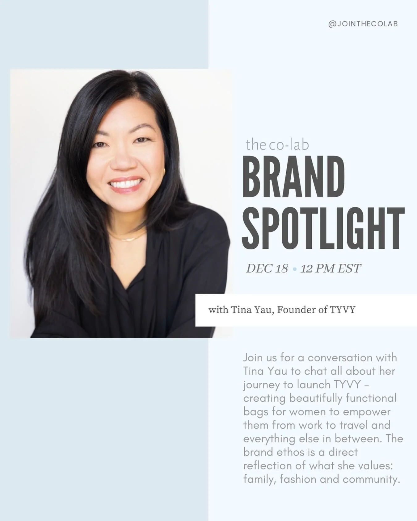 Join us Thursday on Zoom with @jointhecolab member and founder Tina Yau of @tyvynyc for a brand spotlight!