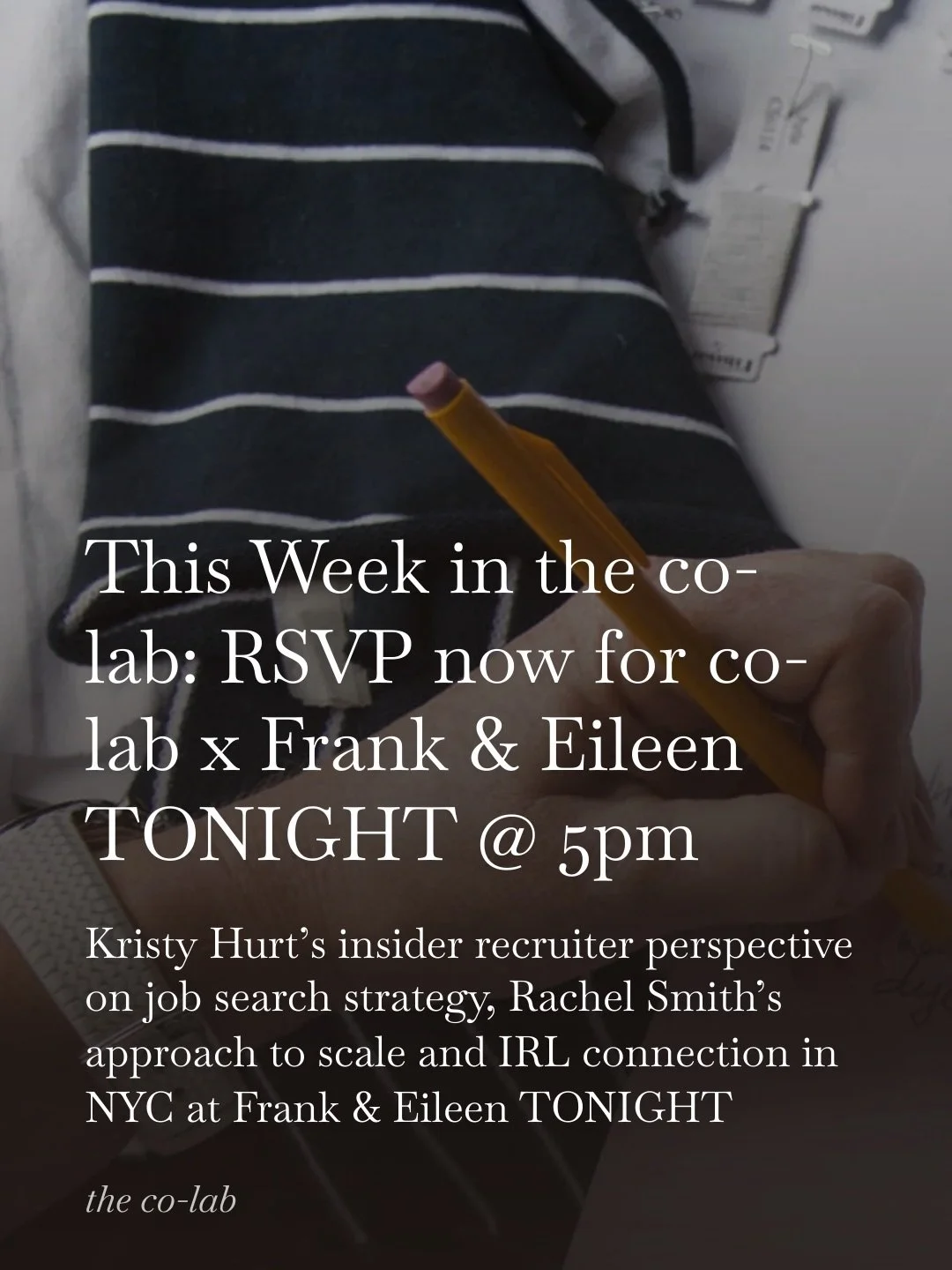 Connecting shouldn&rsquo;t feel transactional.
The right setting makes it easier.

We&rsquo;re gathering tonight at Frank &amp; Eileen in NYC:
5&ndash;7 PM Madison Avenue

Join us for drinks, light bites and 15% off in-store.
 Come by for a bit or st