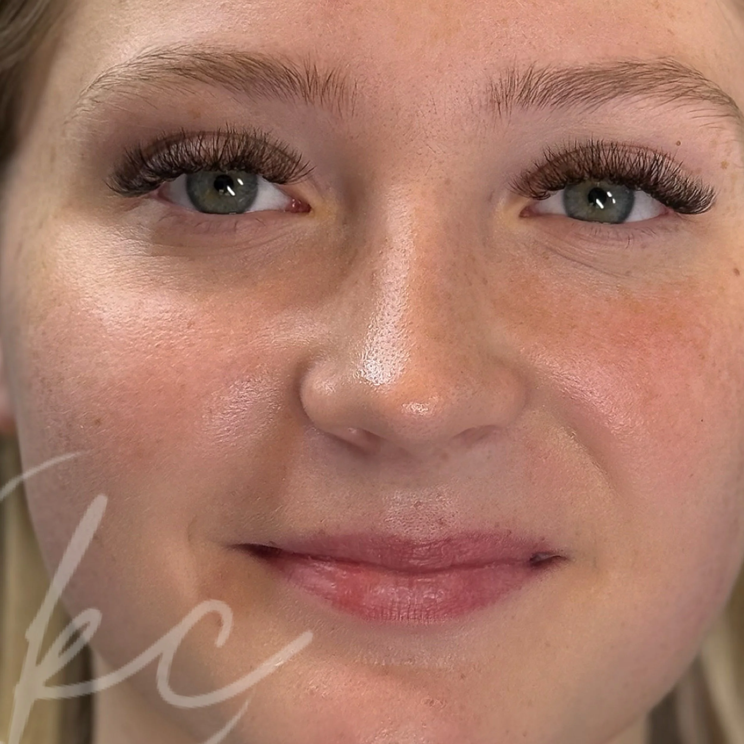 Close-up of a woman's face with blue eyes, makeup, and a subtle smile.