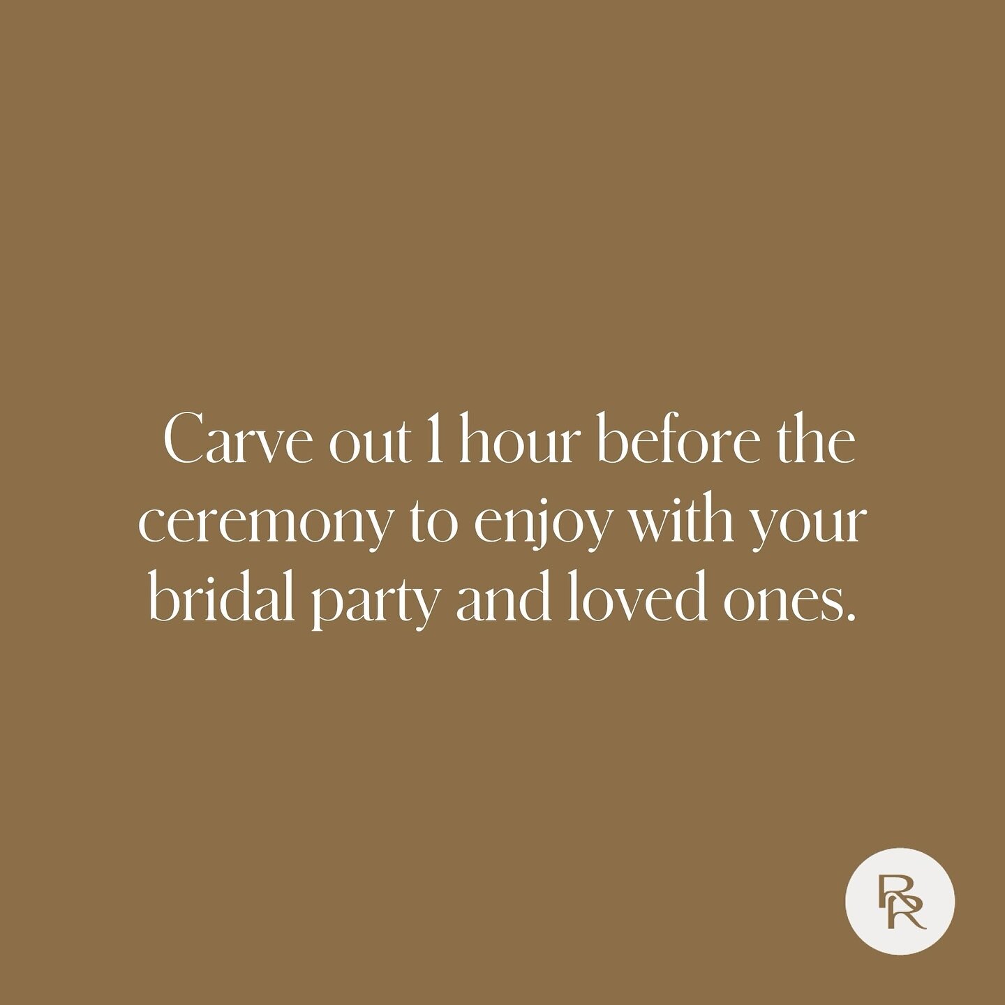 I always tell my brides that I like to give them 1 hour before the ceremony where we aren&rsquo;t staging any photos and they can kick back during this time. 

For example, if I arrive at 12:30, conduct first look/bridal party portraits and ceremony 