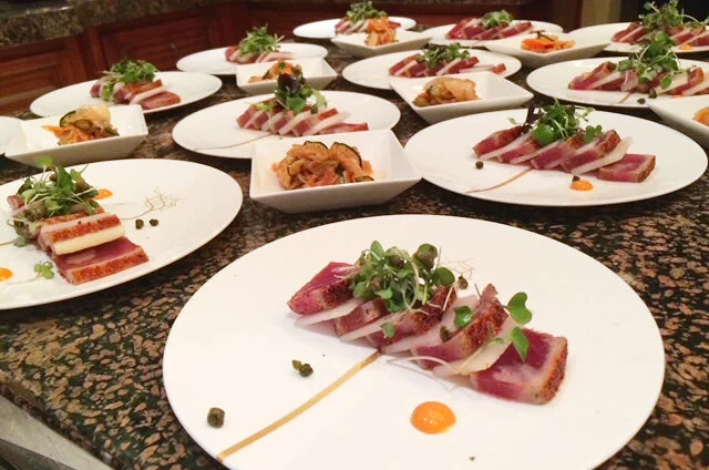 Ahi Tuna, Asian pear, gochujang aioli with fried capers, and homemade kimchi 