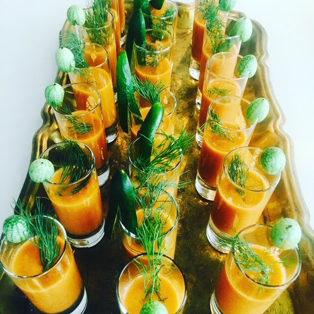 Watermelon & Tomato Gazpacho with mini cucumbers and fennel