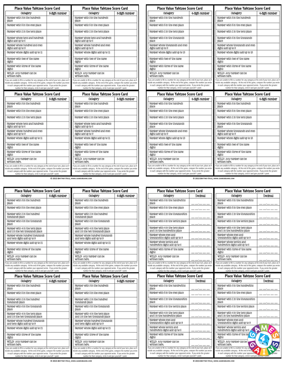 Place Value Yahtzee Game — Games 4 Gains