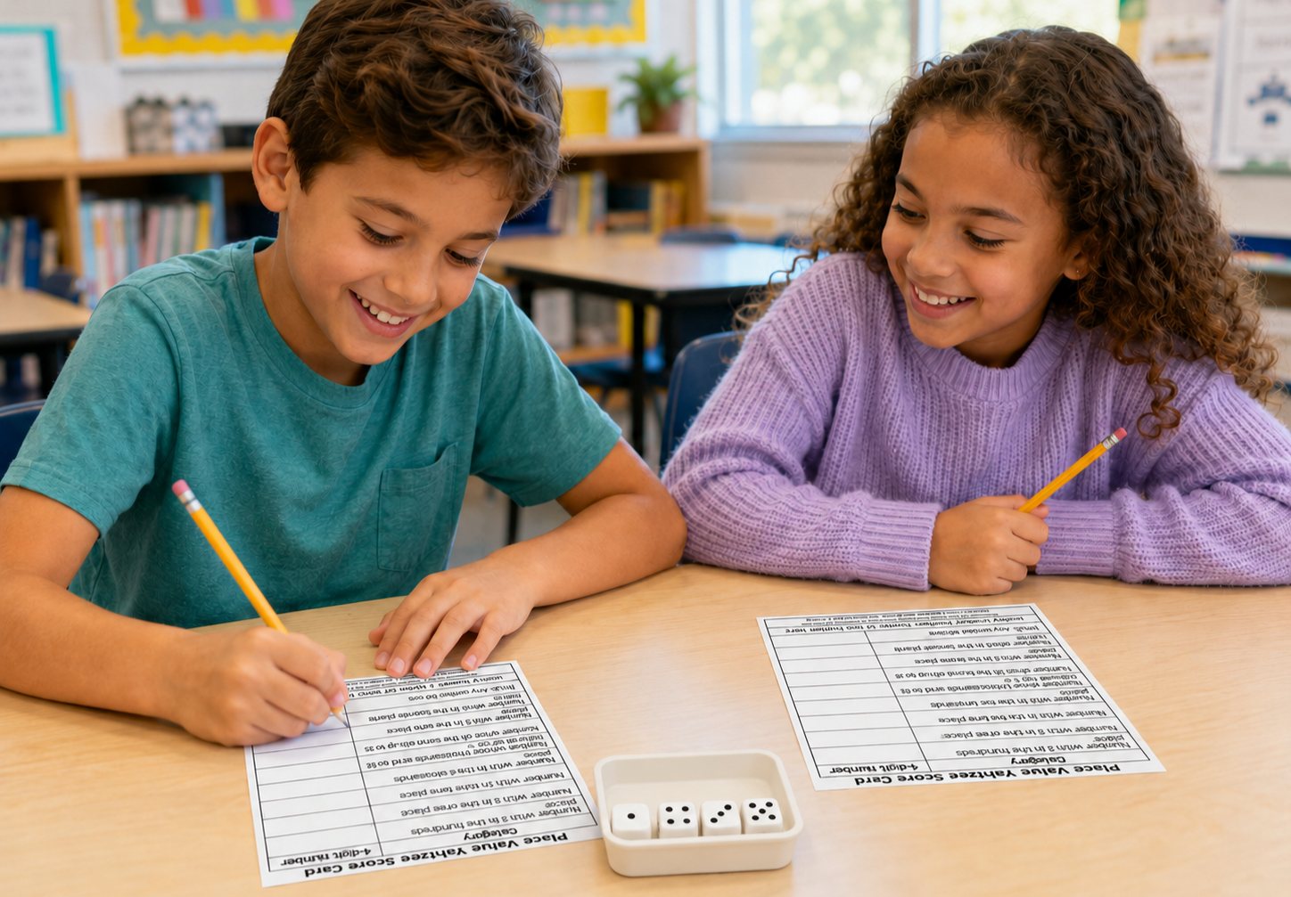 Students playing a game of Place Value Yahtzee in the classroom.