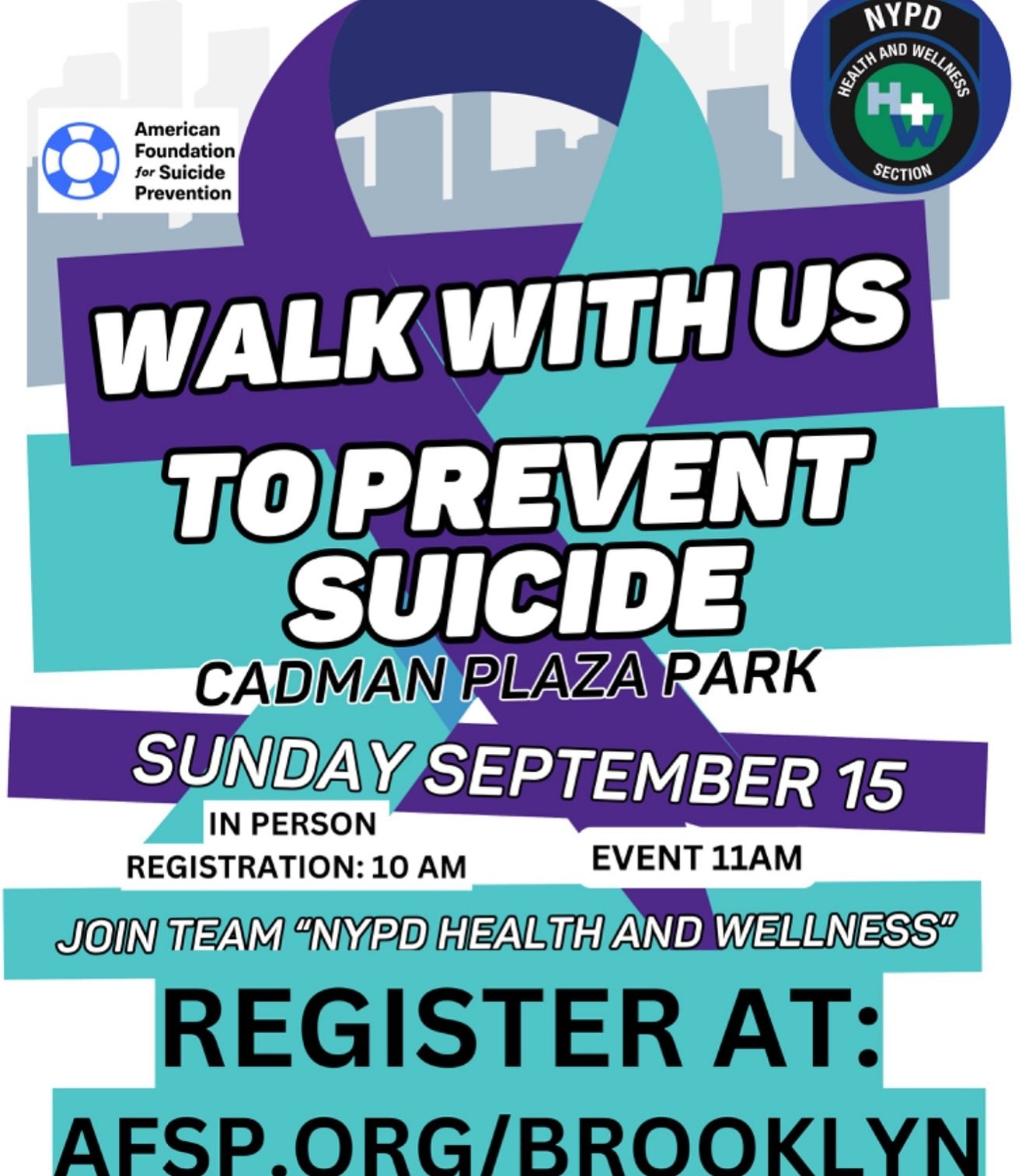 Walk with us and the @afspnyc on September 15 starting at Cadman Plaza. In person registration begins at 10am and the event starts at 11am.
.
#nypd #nypdhealthandwellness #healthandwellness