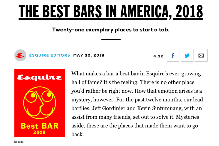 ESQUIRE Mag - Best Bars in American, 2018