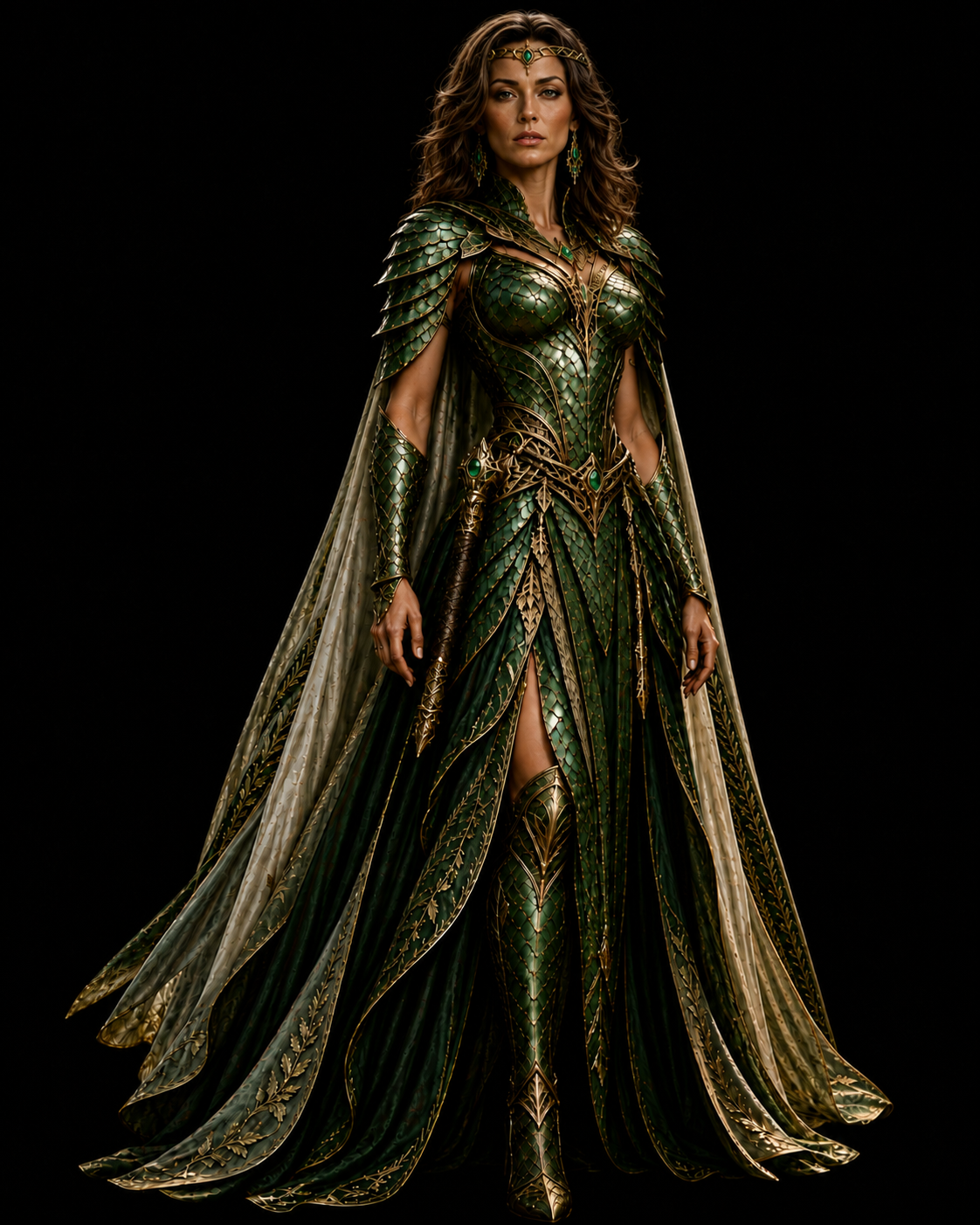 Kathele, Goddess of the Elves, Fey and the living world, in green and gold leaf-scaled armour and a flowing cloak
