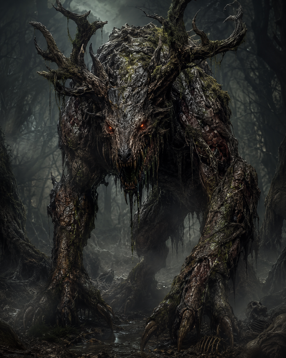 Fel Wight, a towering creature of bark, moss and antlers standing in a misty forest