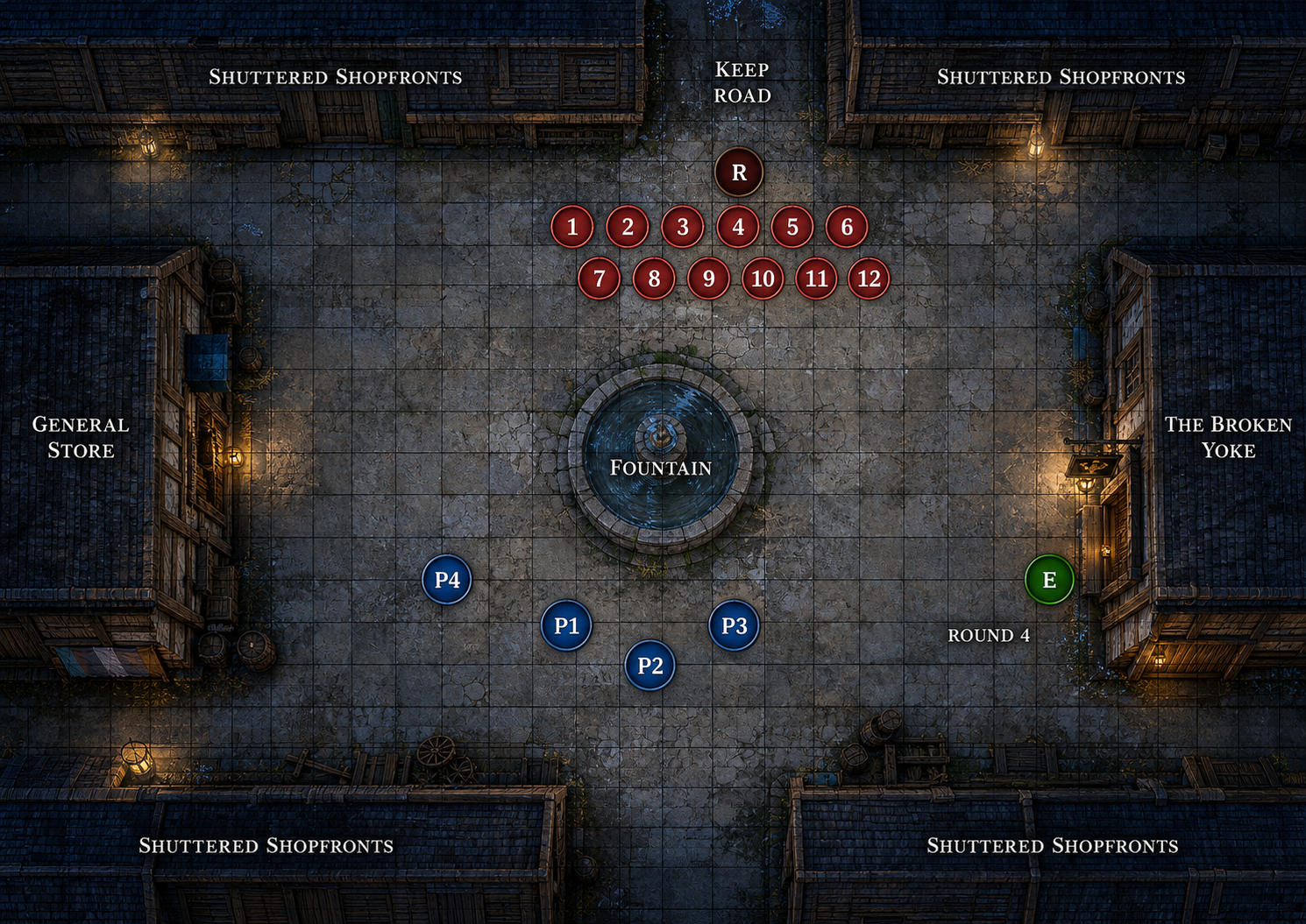 Town square battle map from The Road to Conna, Swordsong tabletop adventure volume one
