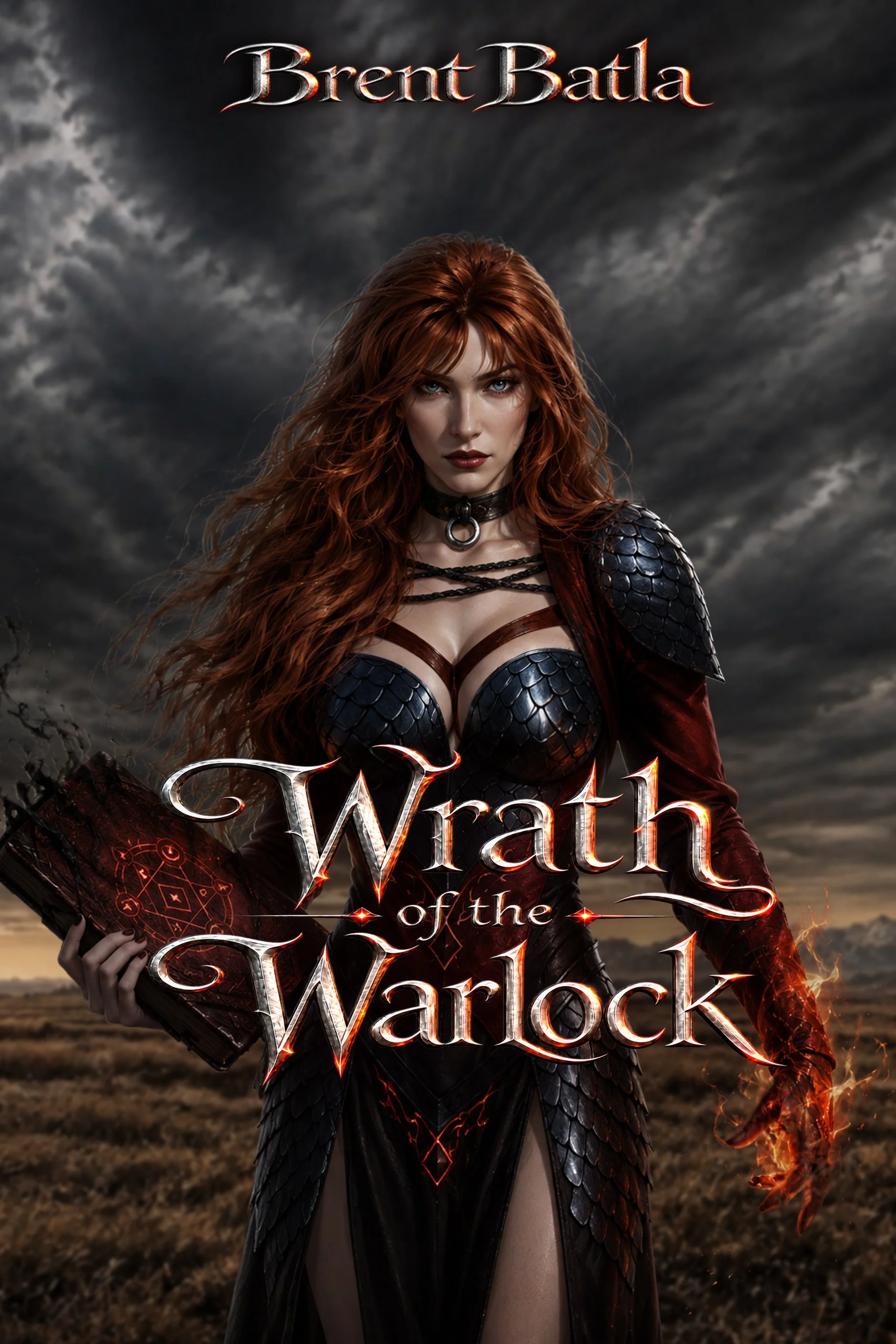 Wrath of the Warlock cover art: Jexi, red-haired and armoured, holding the burning Demonicon under a storm sky