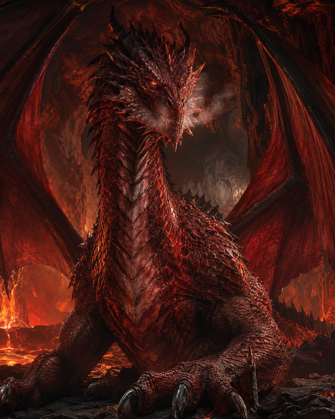 Malthrax, a red scaled dragon with spread wings crouched above molten rock