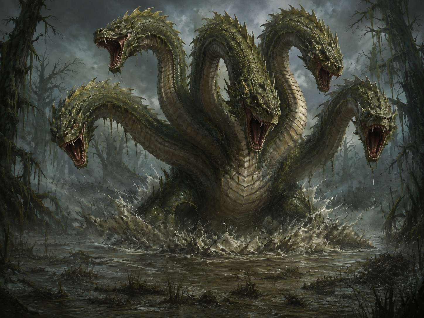 Hydra, a many-headed green serpent rising from a churning marsh
