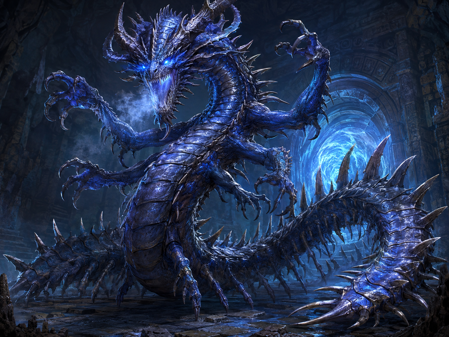 Beihir, a blue armoured serpent-dragon coiled amid crackling blue lightning