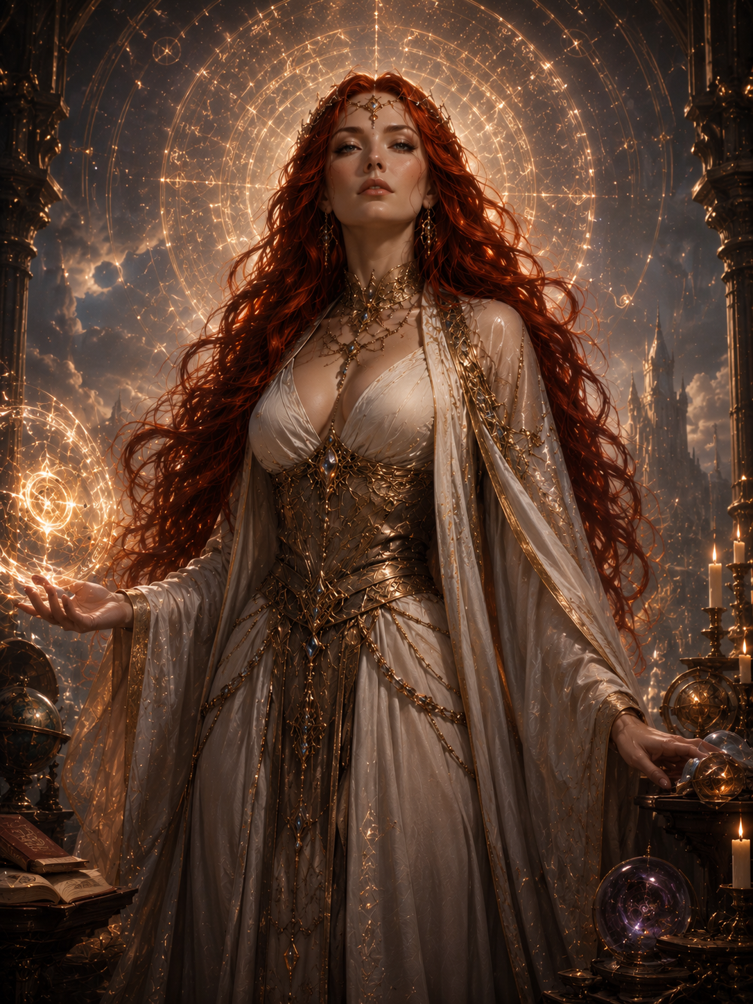 The Alynthiad: Väeliriel, Keeper of Magic, a red-haired goddess crowned in golden light before a great arcane circle